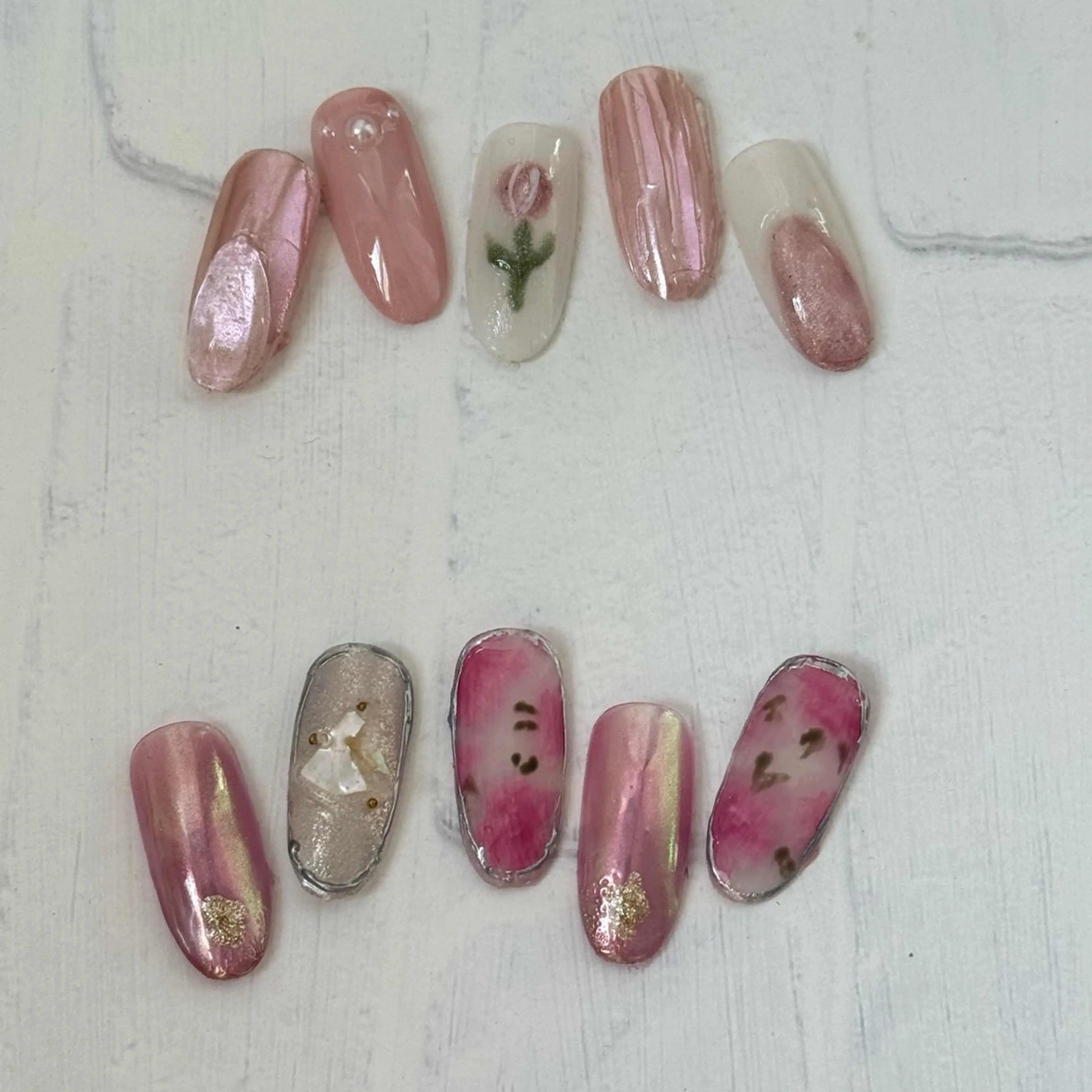 ネイル ブラウン 入学式 フラワーネイル 卒業式 グリーン ハンドネイル miwa ミワのネイルデザイン