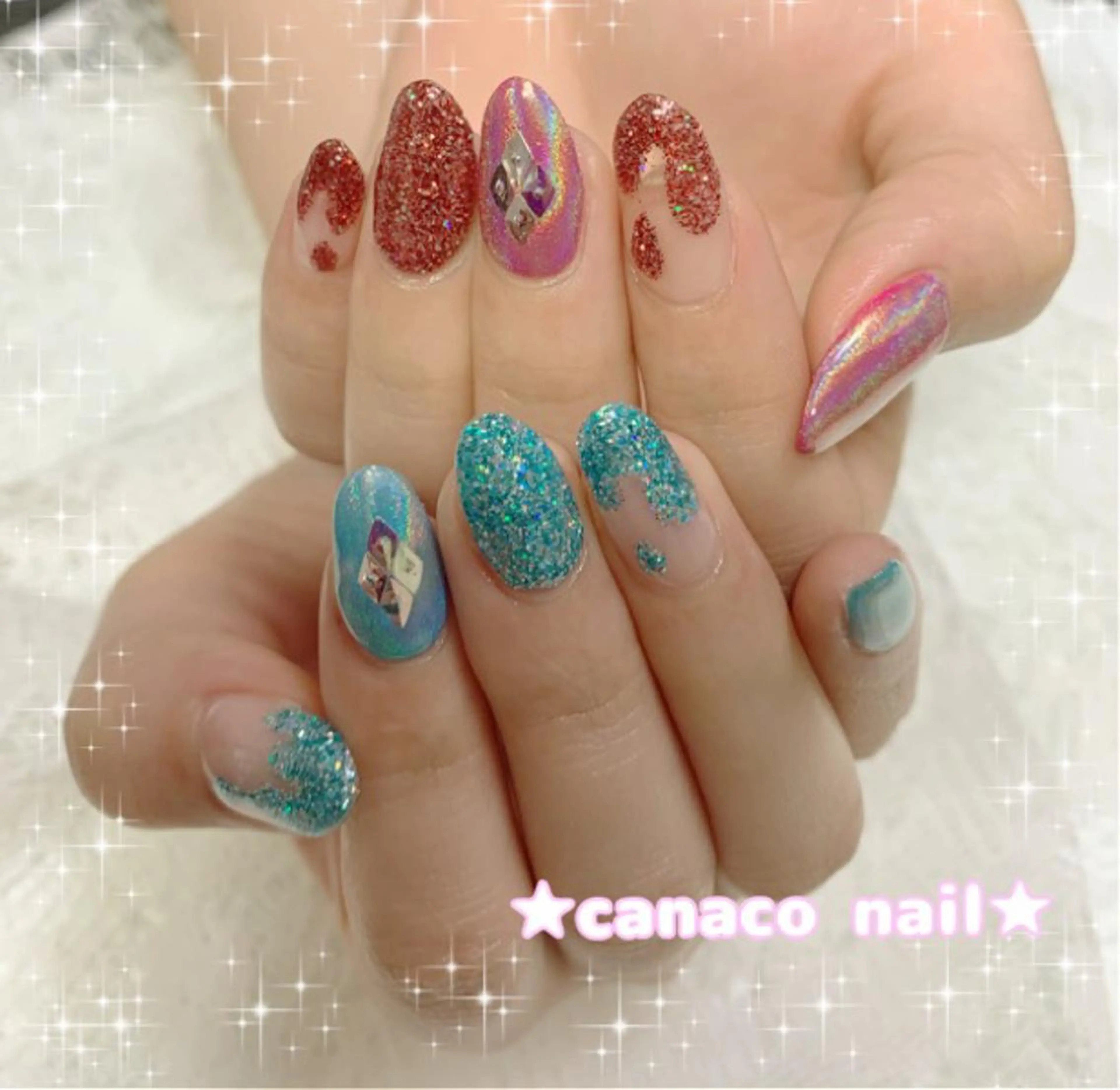 ネイル オーロラネイル キラキラネイル ミラーネイル ハンドネイル ハンドケア Felice所属・ベテランネイル cnc nailのネイルデザイン