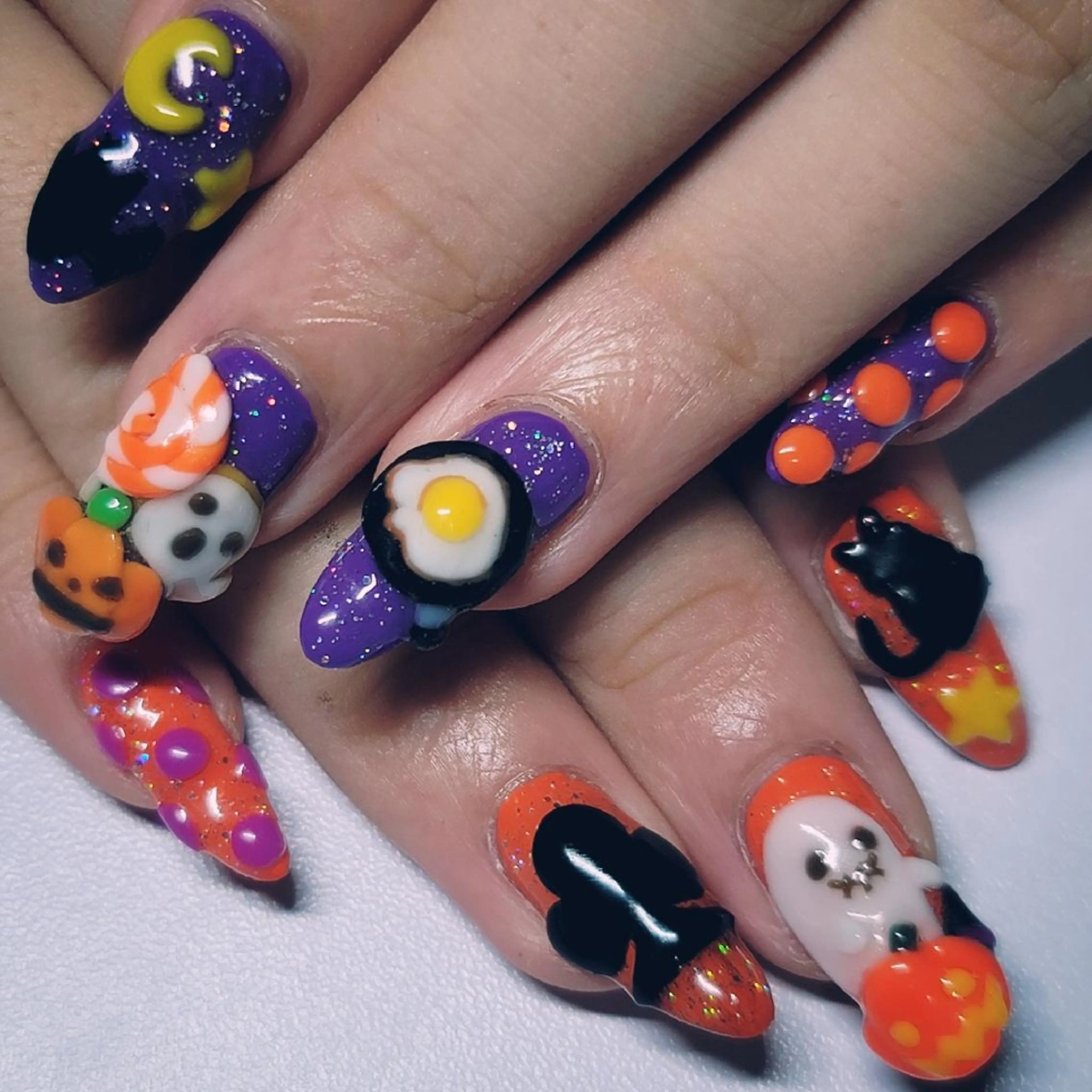 ネイル クリアネイル ハロウィン ラメ(グリッター) オレンジ パープル ハンドネイル よしだ ひろきのネイルデザイン