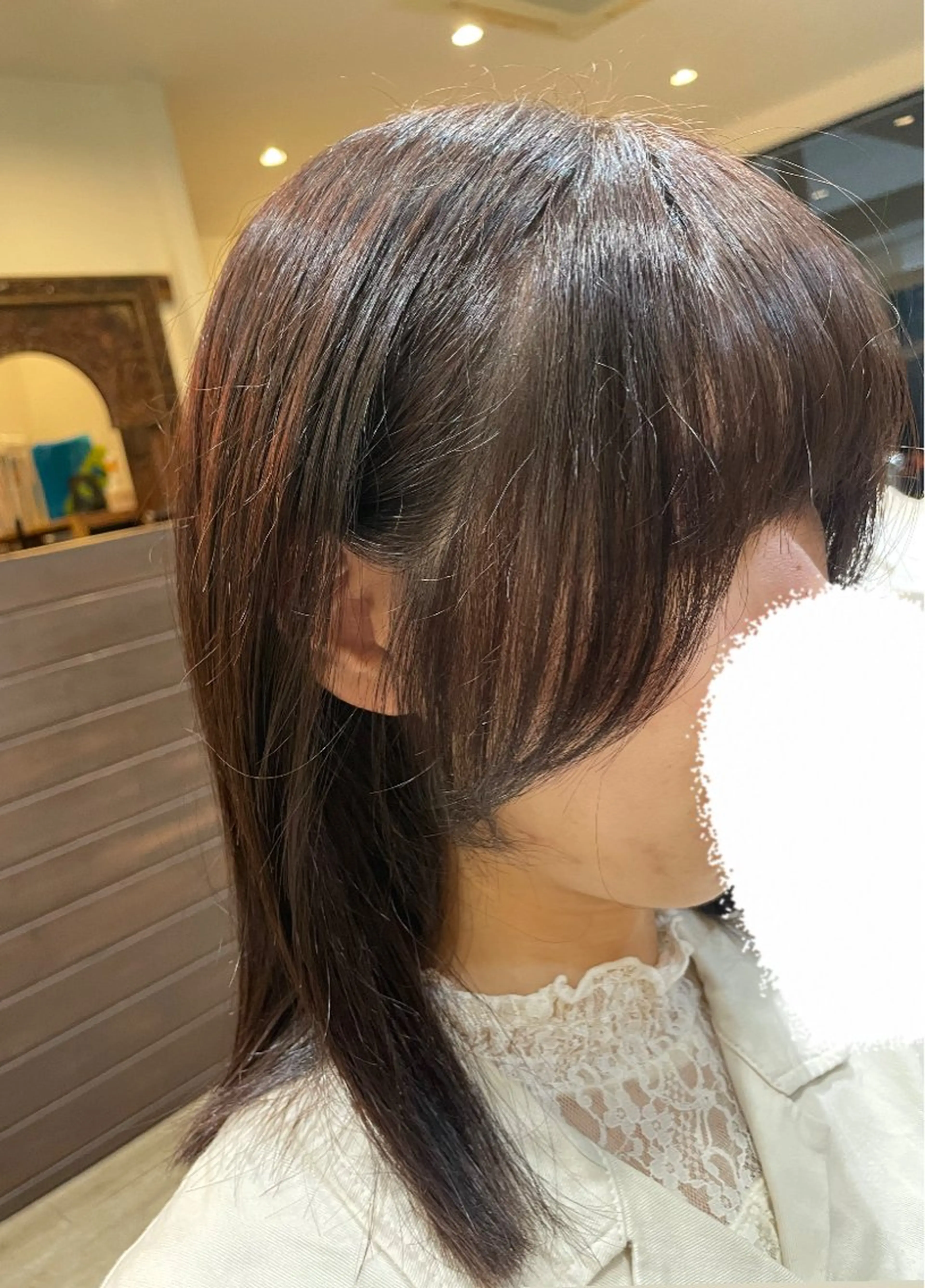 セミロング カラー ピンクカラー 小顔カット カット ヘアカラー 勘場 万菜華のヘアスタイル