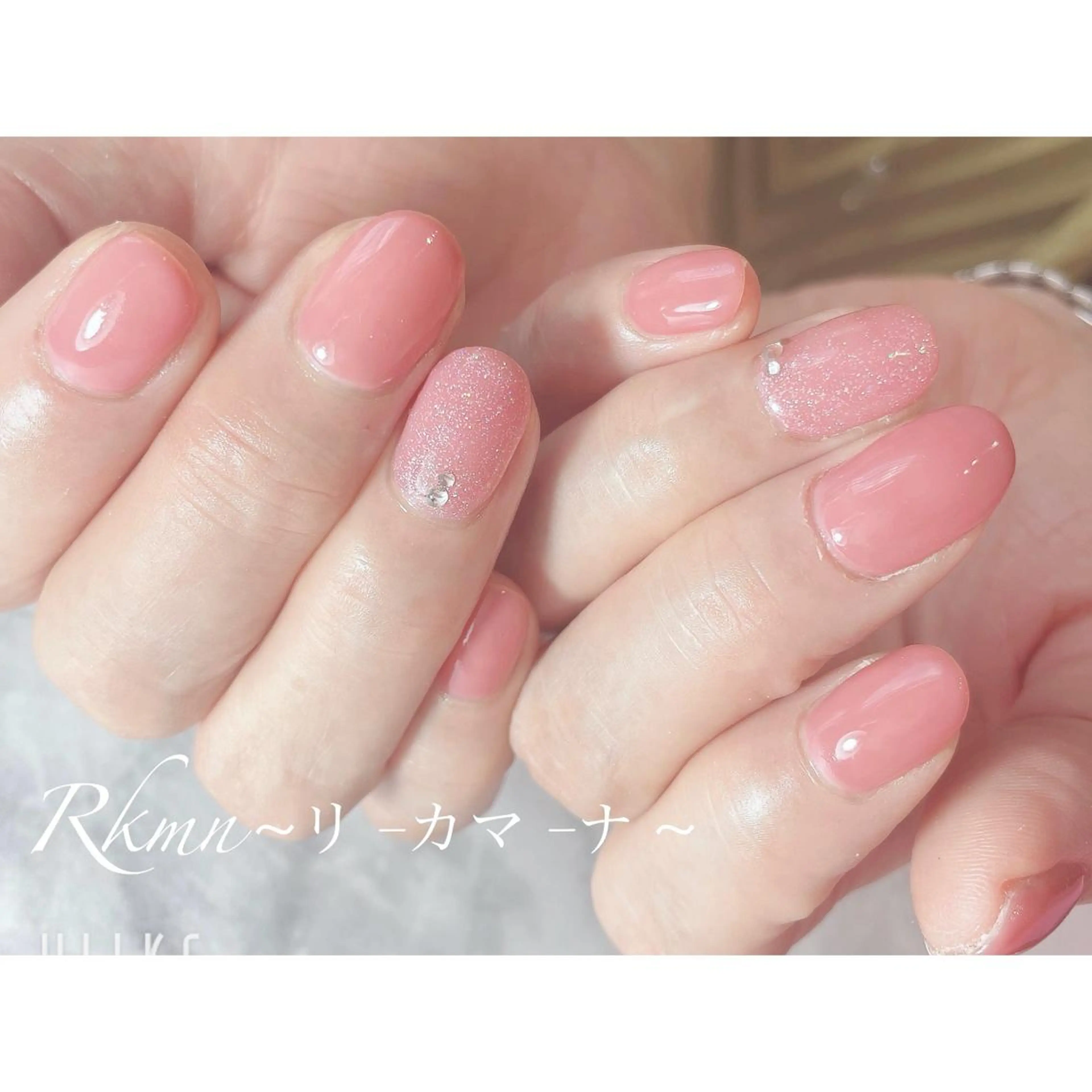 ネイル アートネイル ラメ(グリッター) ピンク シンプルネイル 春ネイル ハンドネイル フットネイル ハンドケア Rkmn ~リ-カマ-ナ~のネイルデザイン