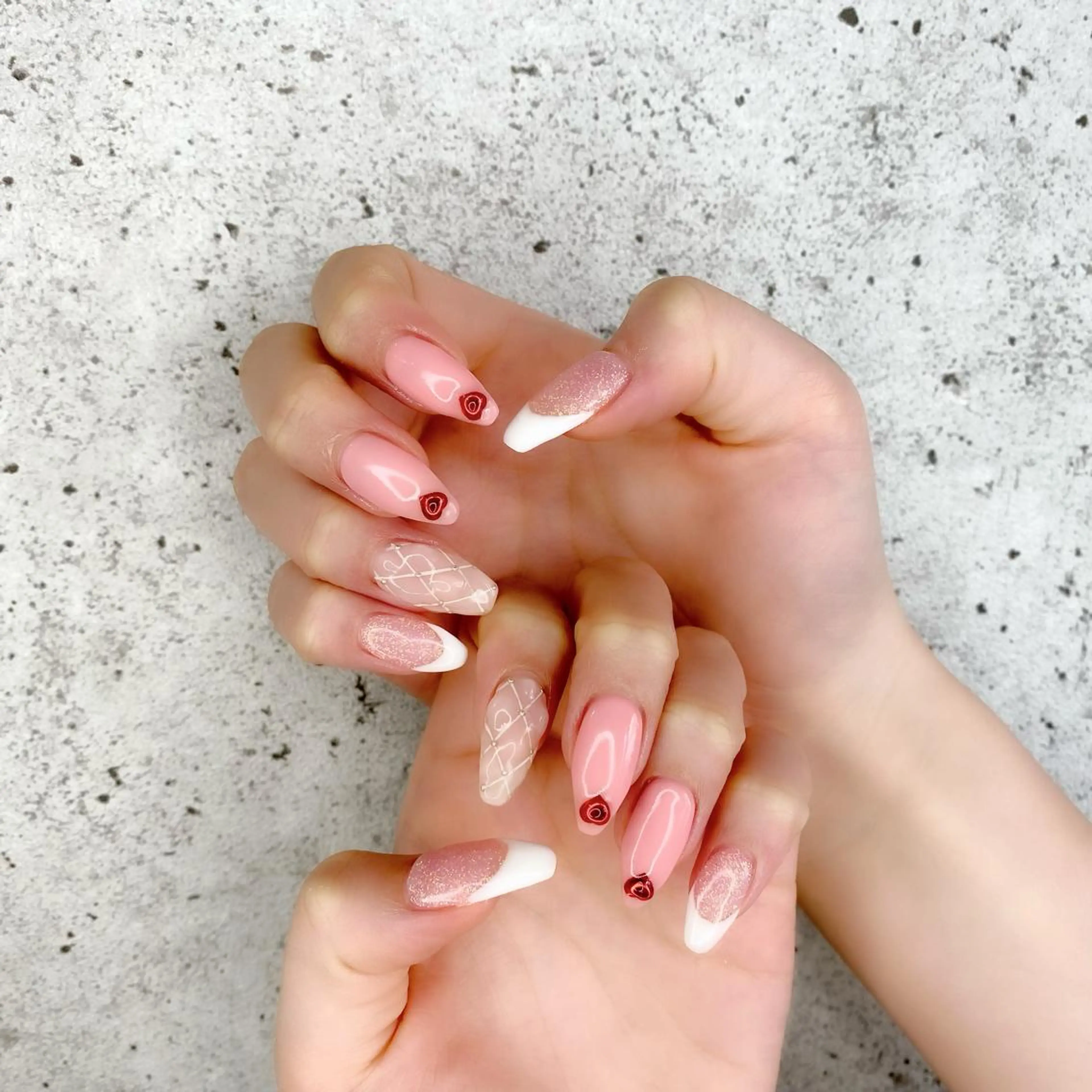 ロング カラー パーマ ヘアアレンジ メンズ キッズ ネイル マツエク・マツパ ピンクカラー カラーマツエク ロング フレンチネイル ハート ハンドネイル Salon Ｋのネイルデザイン