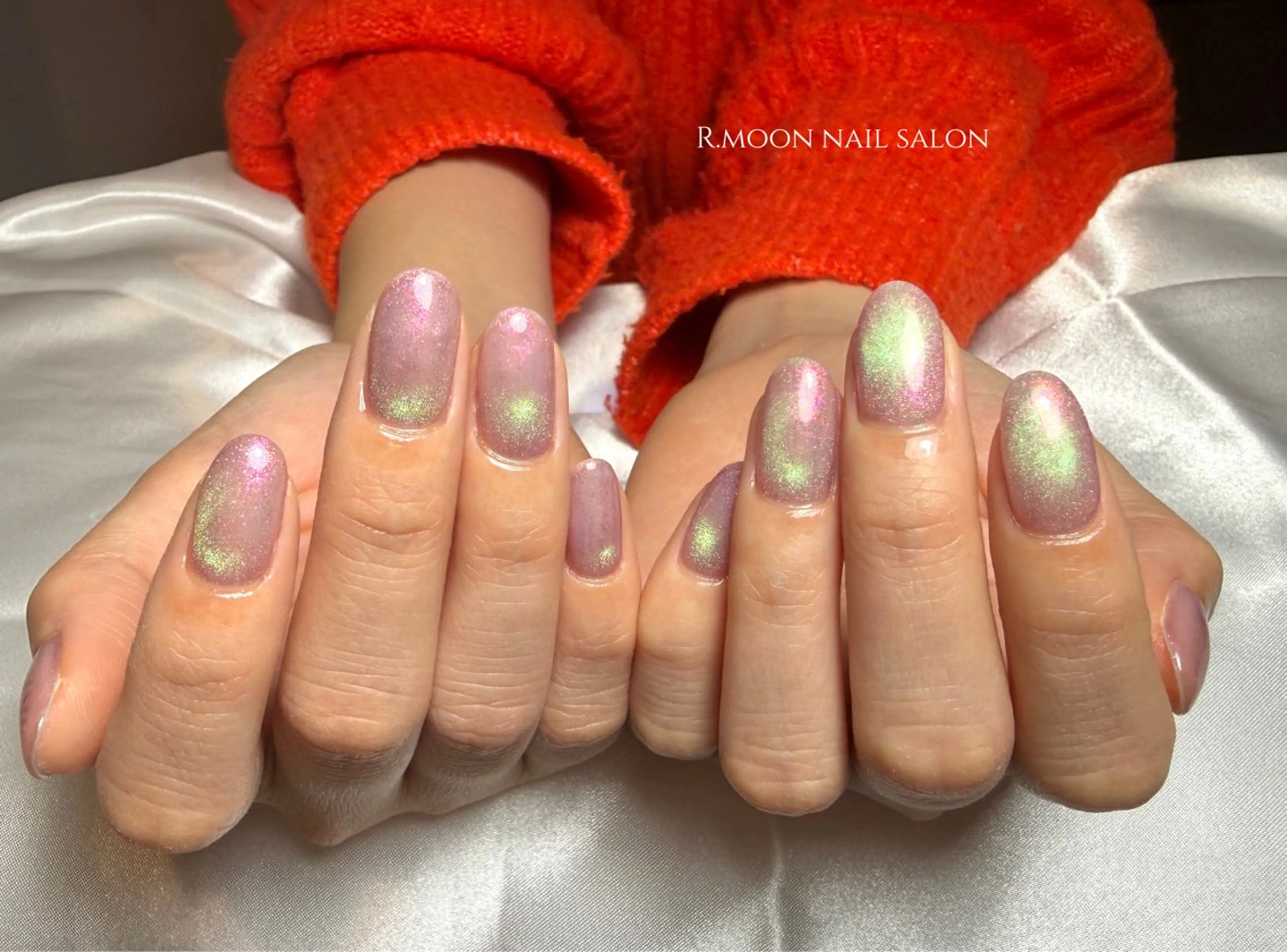 ネイル グリーン マグネットネイル ピンク R.moon nail salonのネイルデザイン