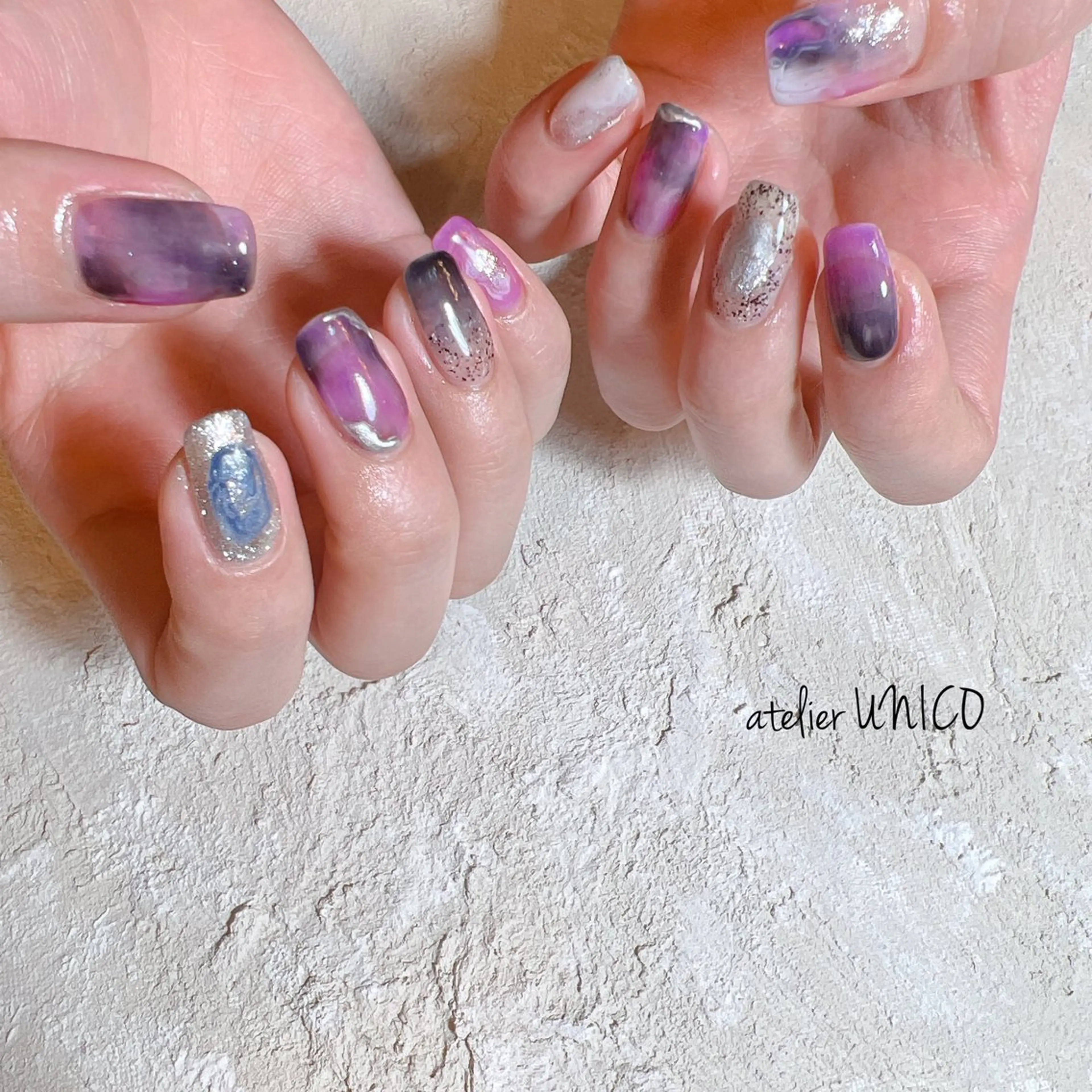ネイル ブルー ニュアンスネイル パープル ハンドネイル アトリエ UNICOのネイルデザイン