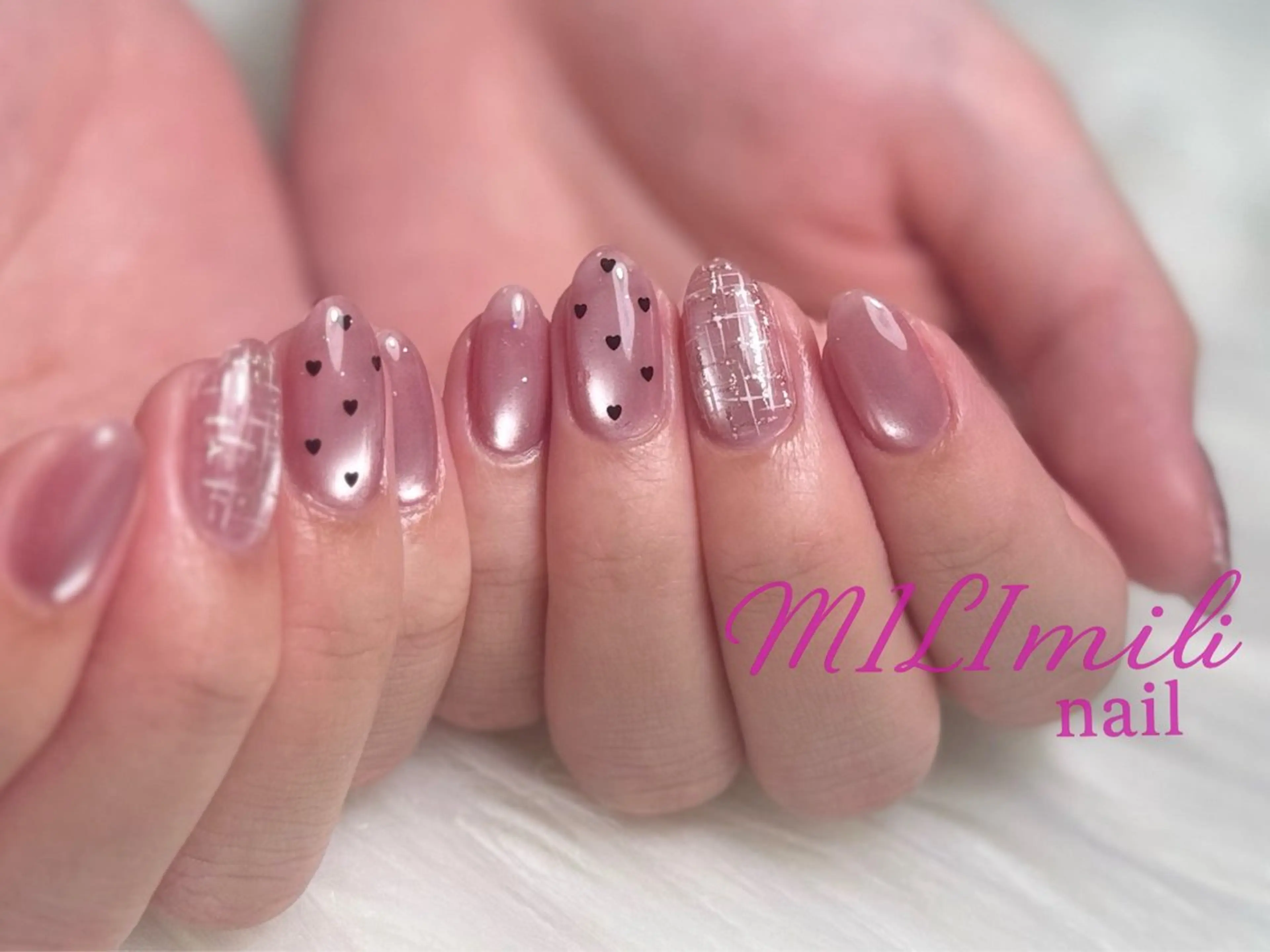 ネイル ハート マグネットネイル ピンク ツイードネイル MILImili nailのネイルデザイン