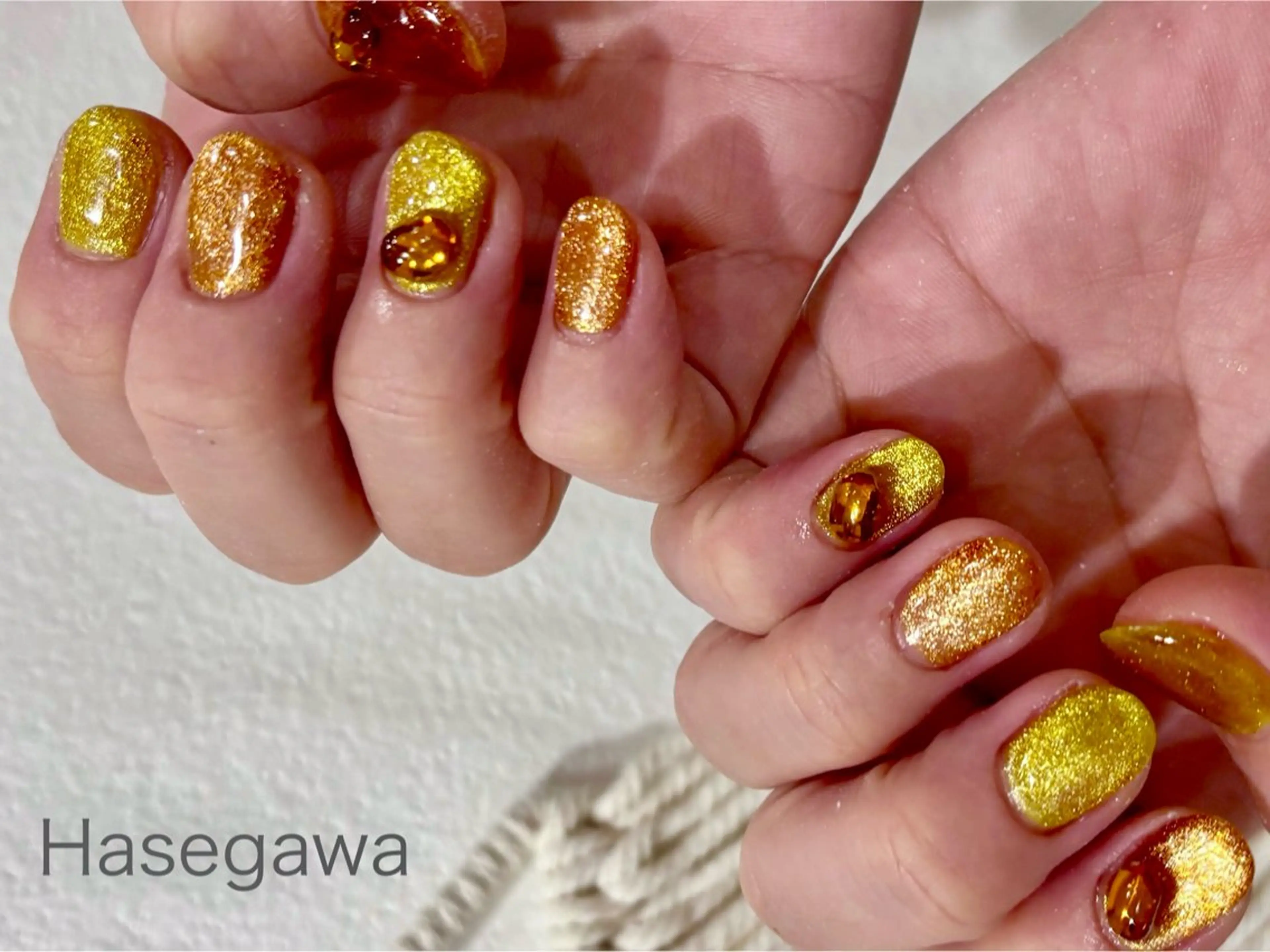 ネイル ブラウン オレンジ ストーンネイル 黄色 ハンドネイル DROP所属・DROP 長谷川のネイルデザイン