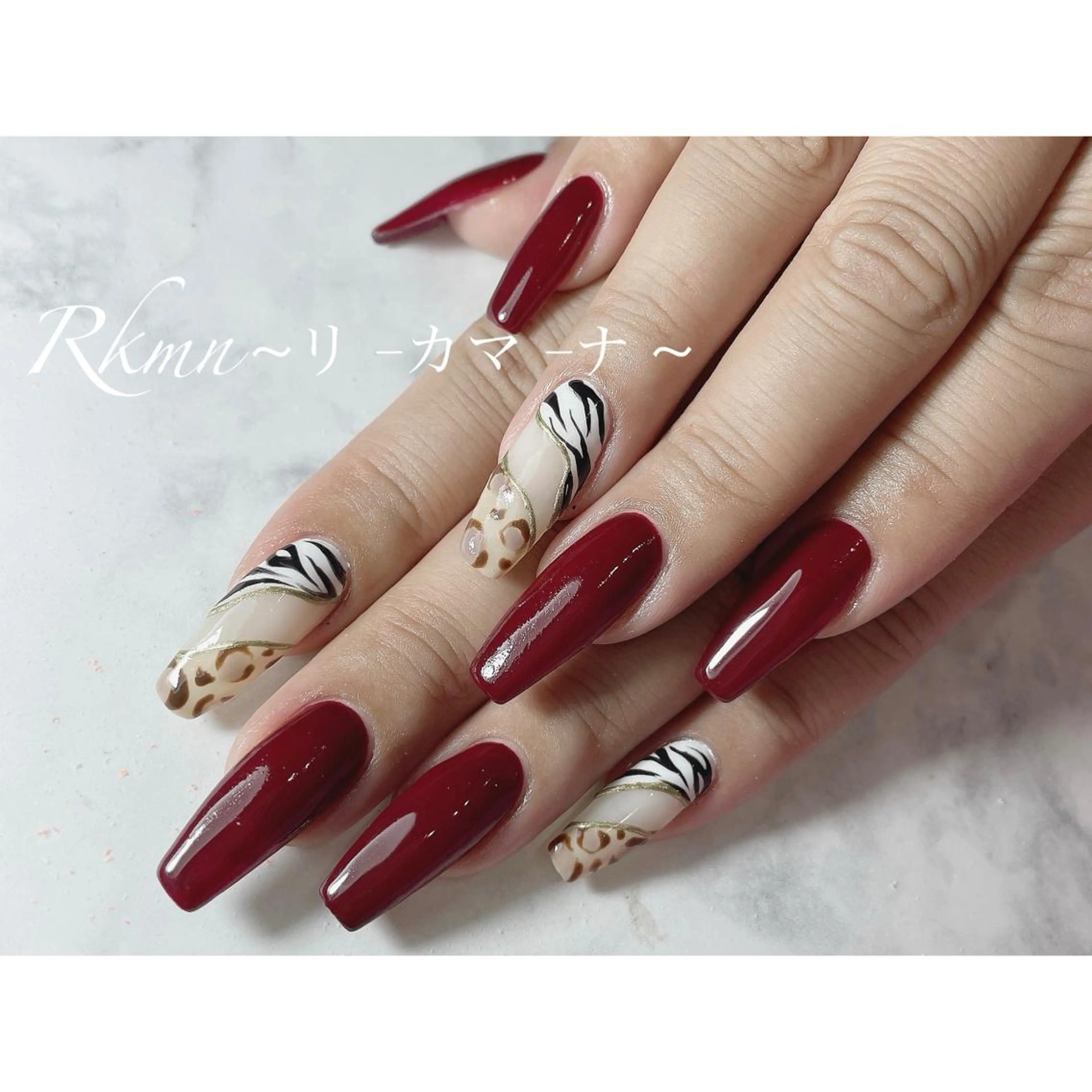 ネイル アニマル柄 アートネイル ボルドー 春ネイル ハンドネイル フットネイル ハンドケア Rkmn ~リ-カマ-ナ~のネイルデザイン