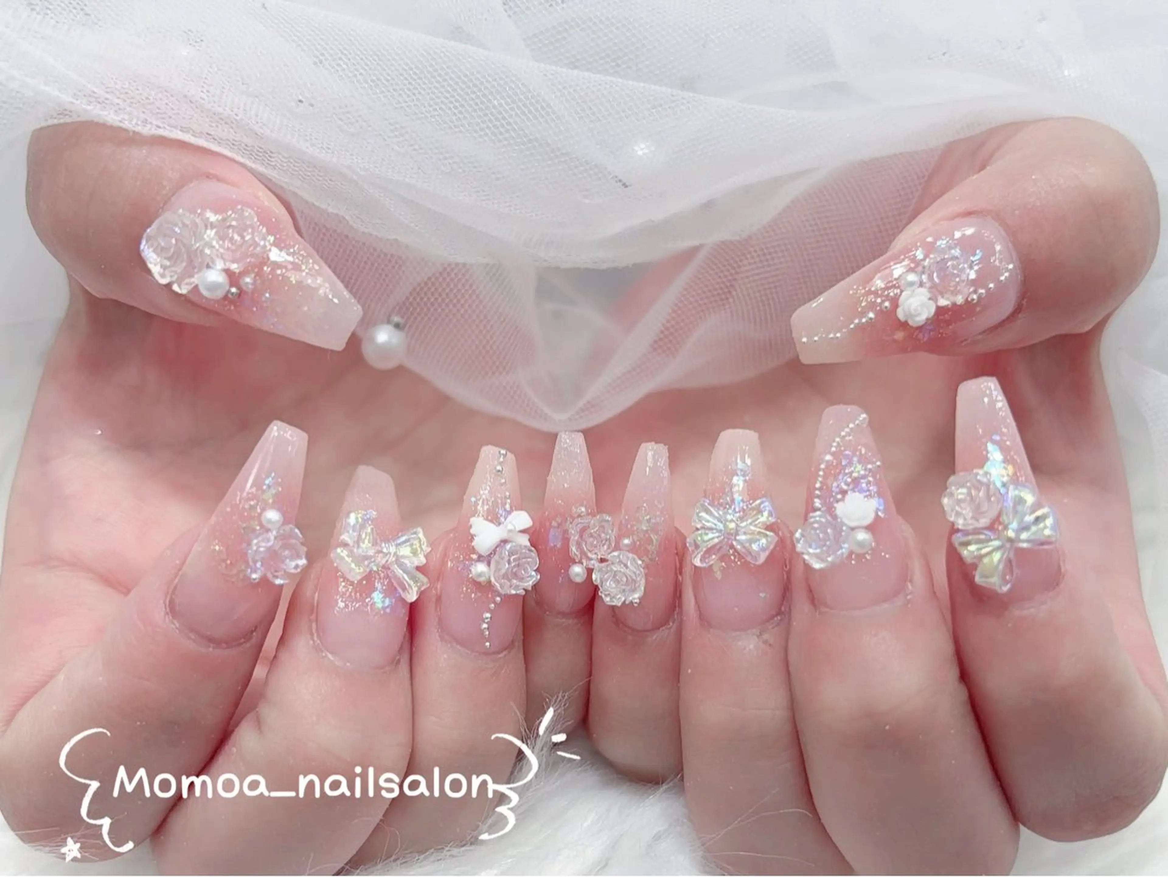 ネイル 成人式 ロングネイル マグネットネイル 大理石ネイル(マーブル) 持ち込み ハンドネイル MoMoA Nail ネイル長さ出し専門店のネイルデザイン