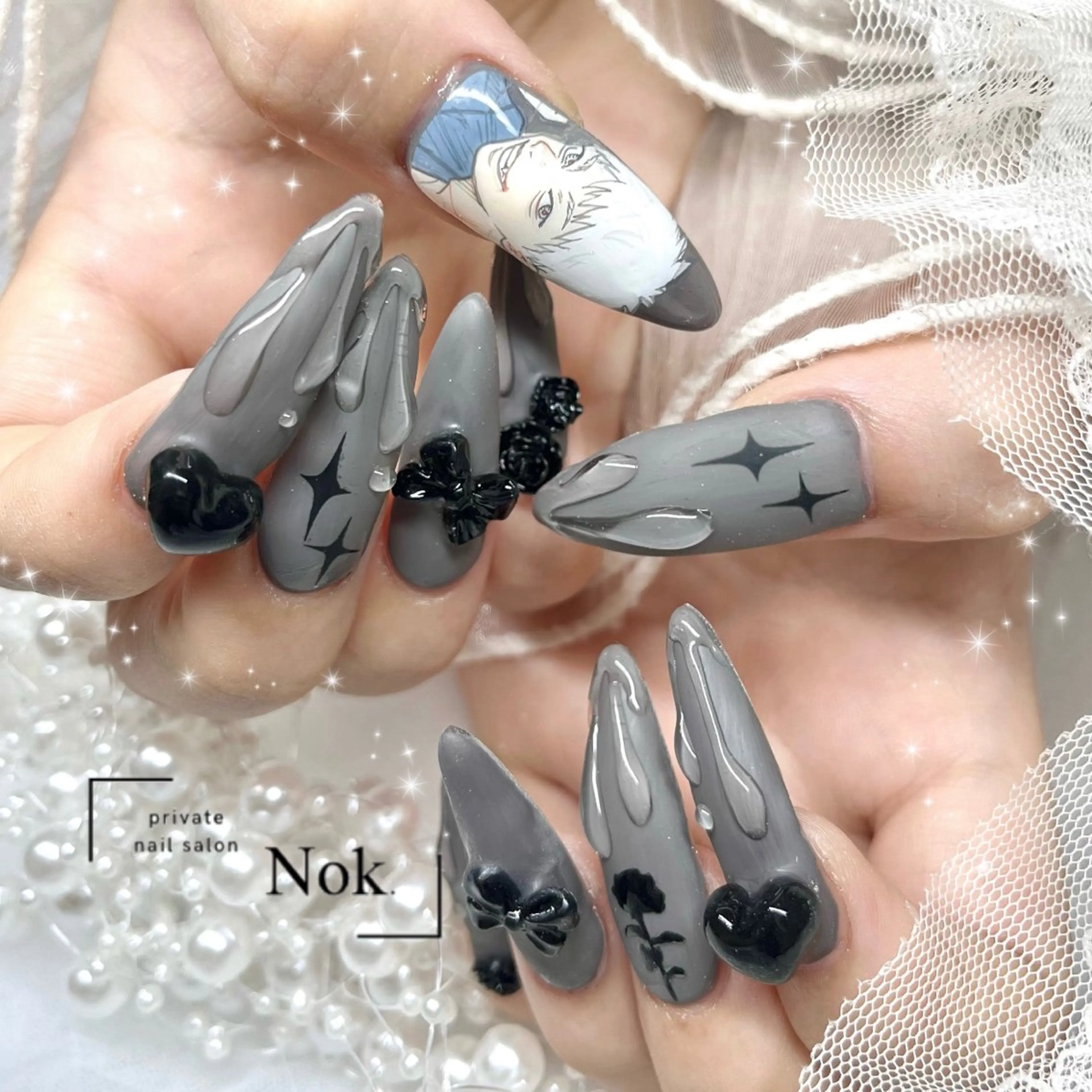 ネイル ハート リボン ハンドネイル 池袋痛ネイル Nok. 渡辺のネイルデザイン