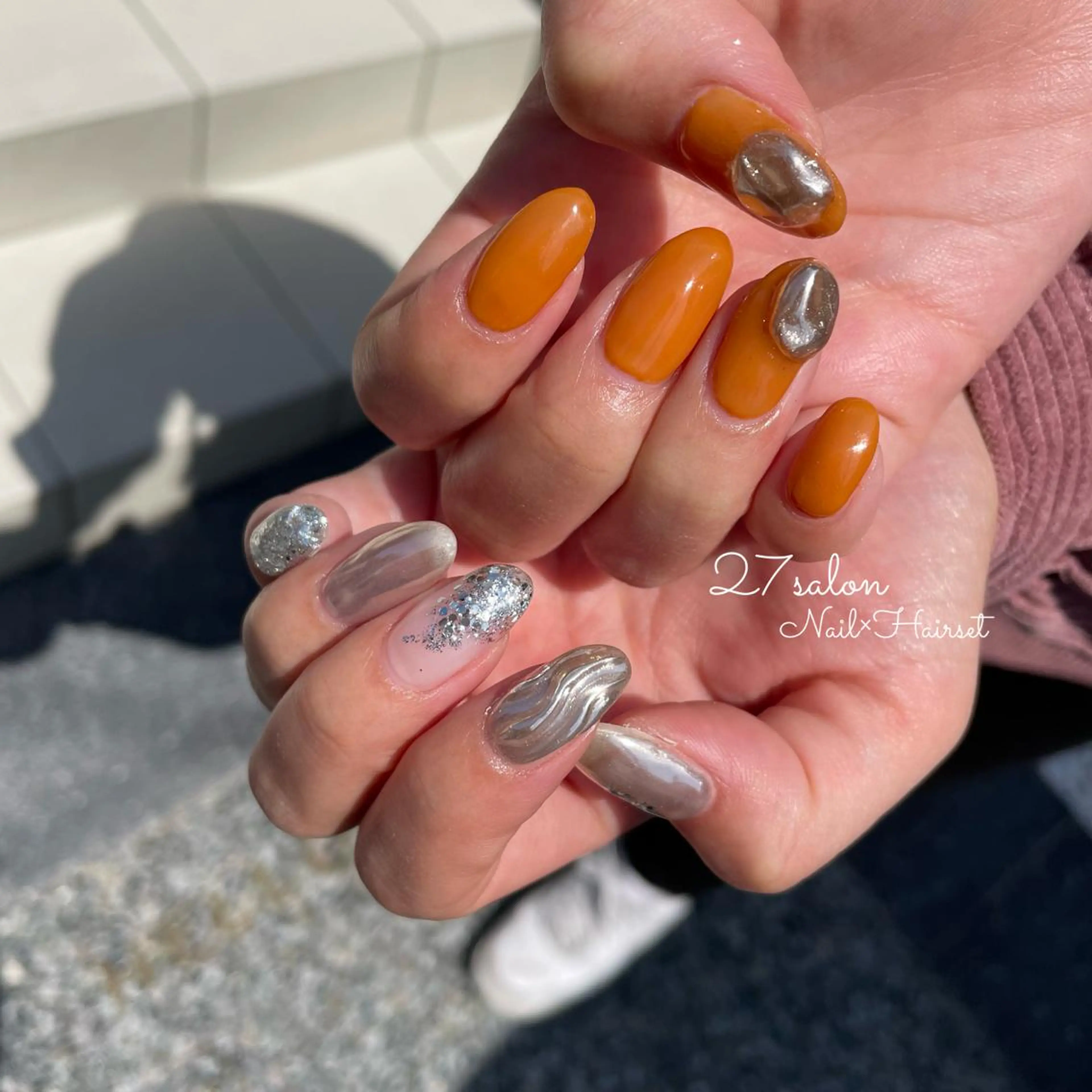 ネイル ミラーネイル オレンジ 27salon yuinaのネイルデザイン