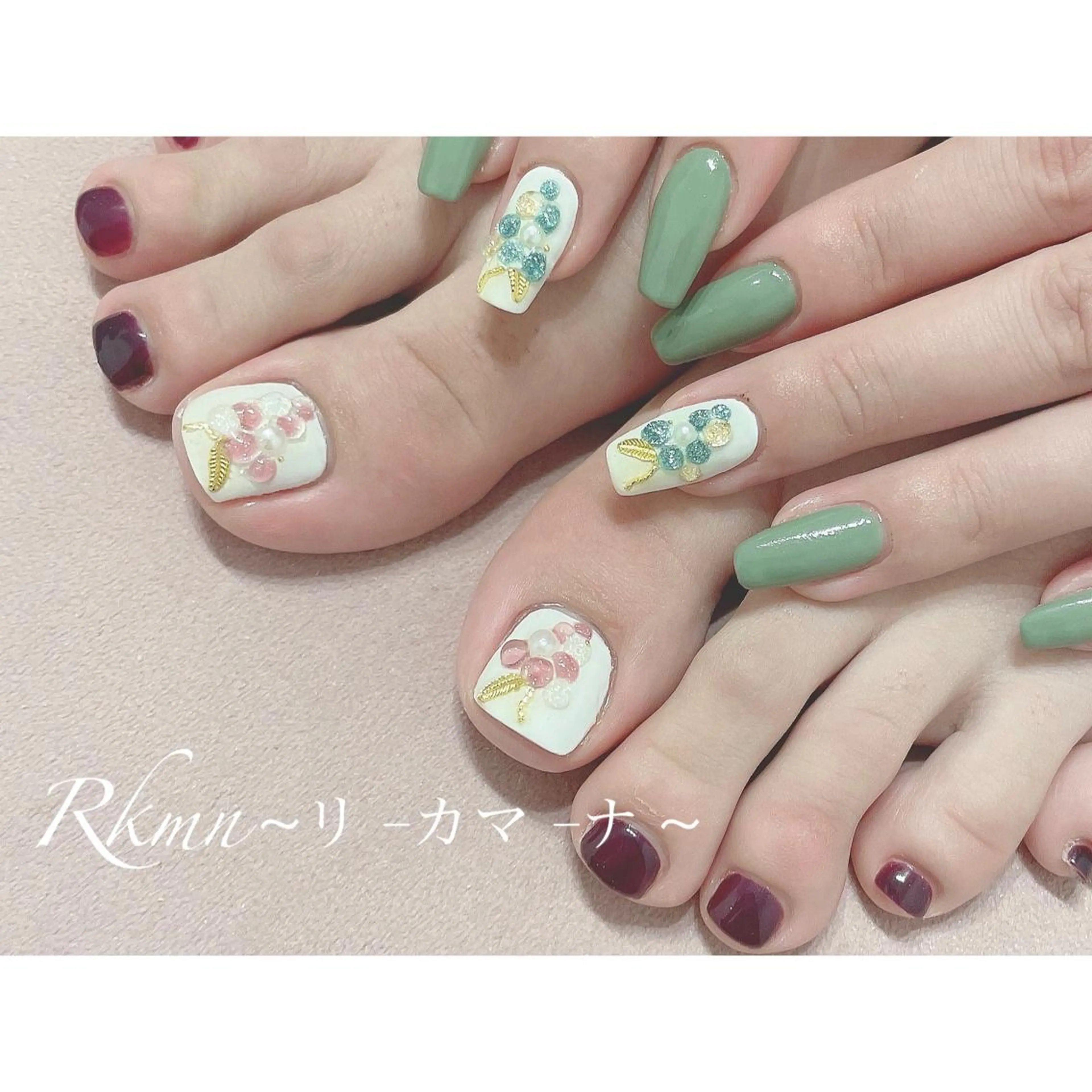 ネイル アートネイル フットネイル グリーン おそろいネイル パープル ハンドネイル フットネイル ハンドケア Rkmn ~リ-カマ-ナ~のネイルデザイン