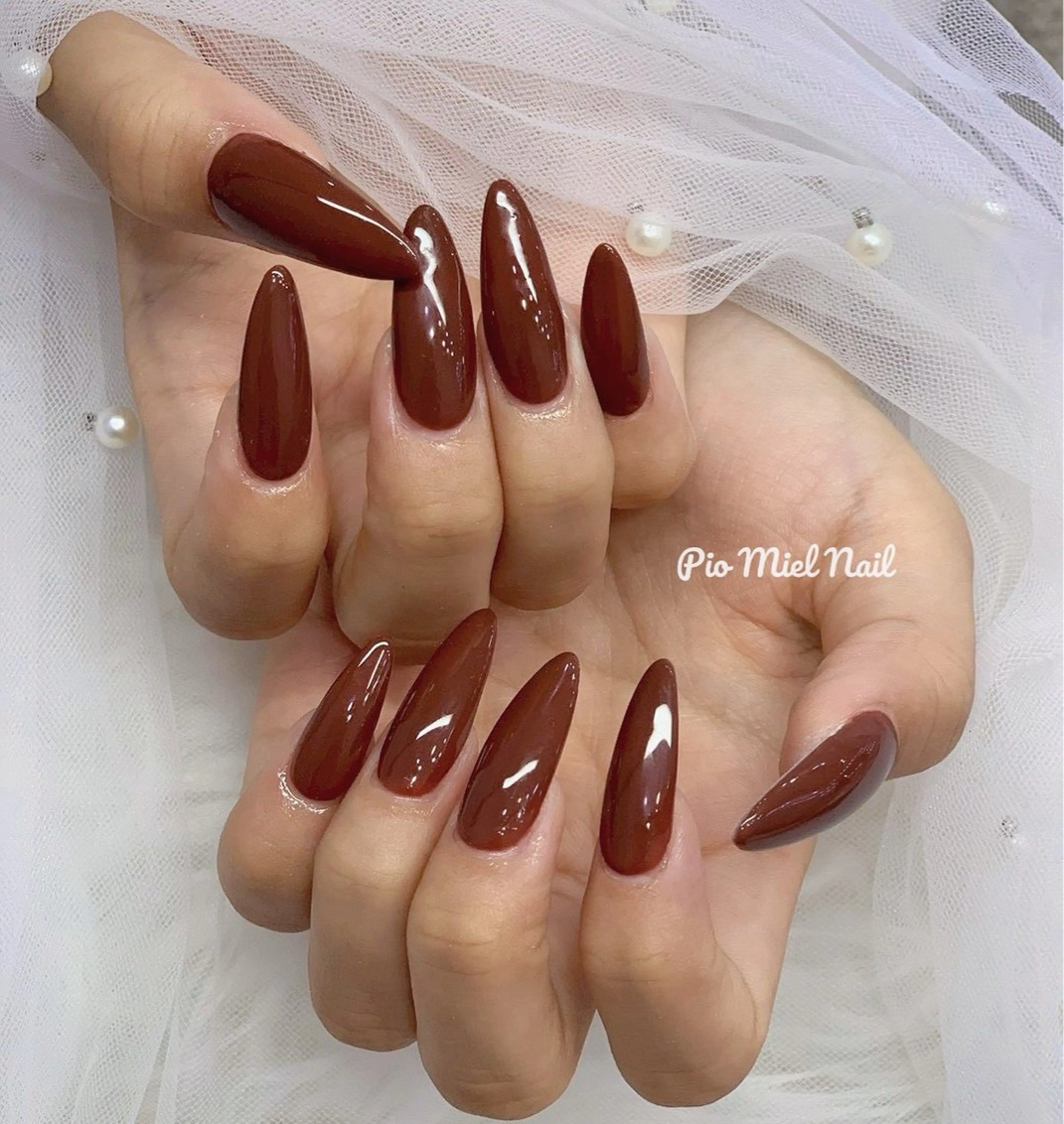 ネイル ブラウン ジェルネイル オフィスネイル ワンカラーネイル パラジェル ハンドネイル HANA 長さだしのネイルデザイン