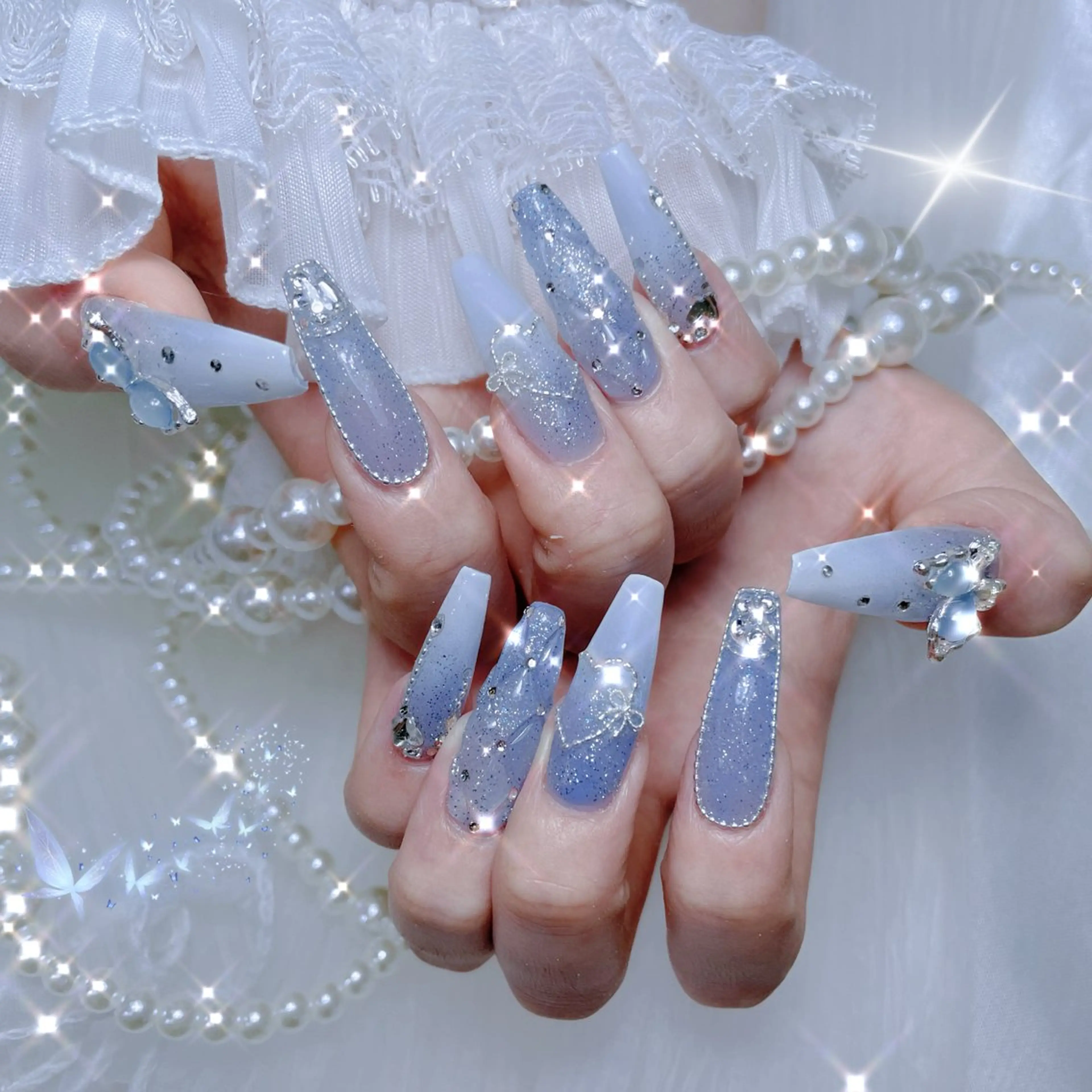 ネイル ハート 韓国ネイル レース 水色 春ネイル ハンドネイル Melody Nail所属・Melody  3D/スカルプ専門店のネイルデザイン