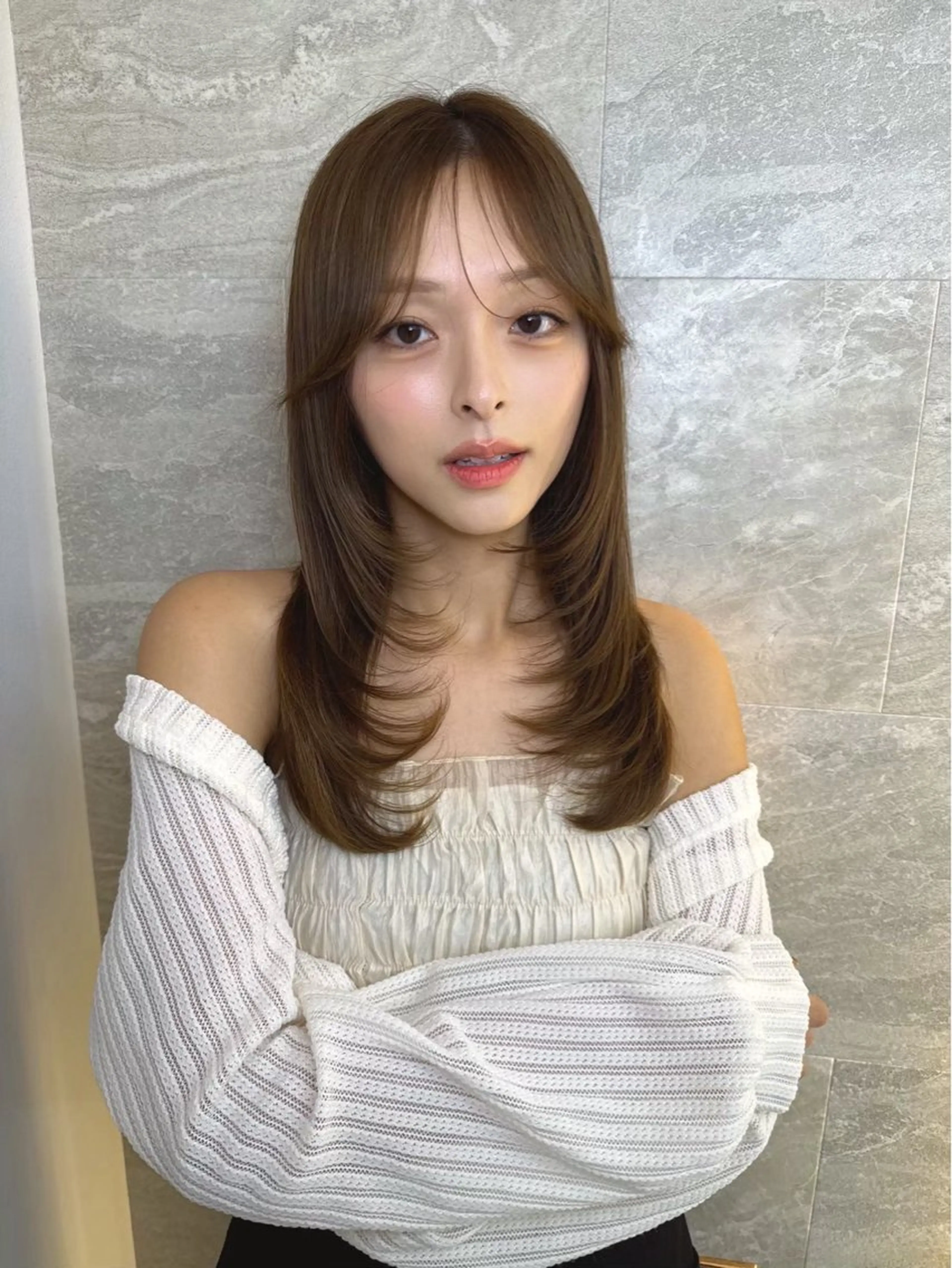 セミロング カット ヘアカラー トリートメント 縮毛矯正/レイヤー 韓国/顔まわり/夢音のヘアスタイル