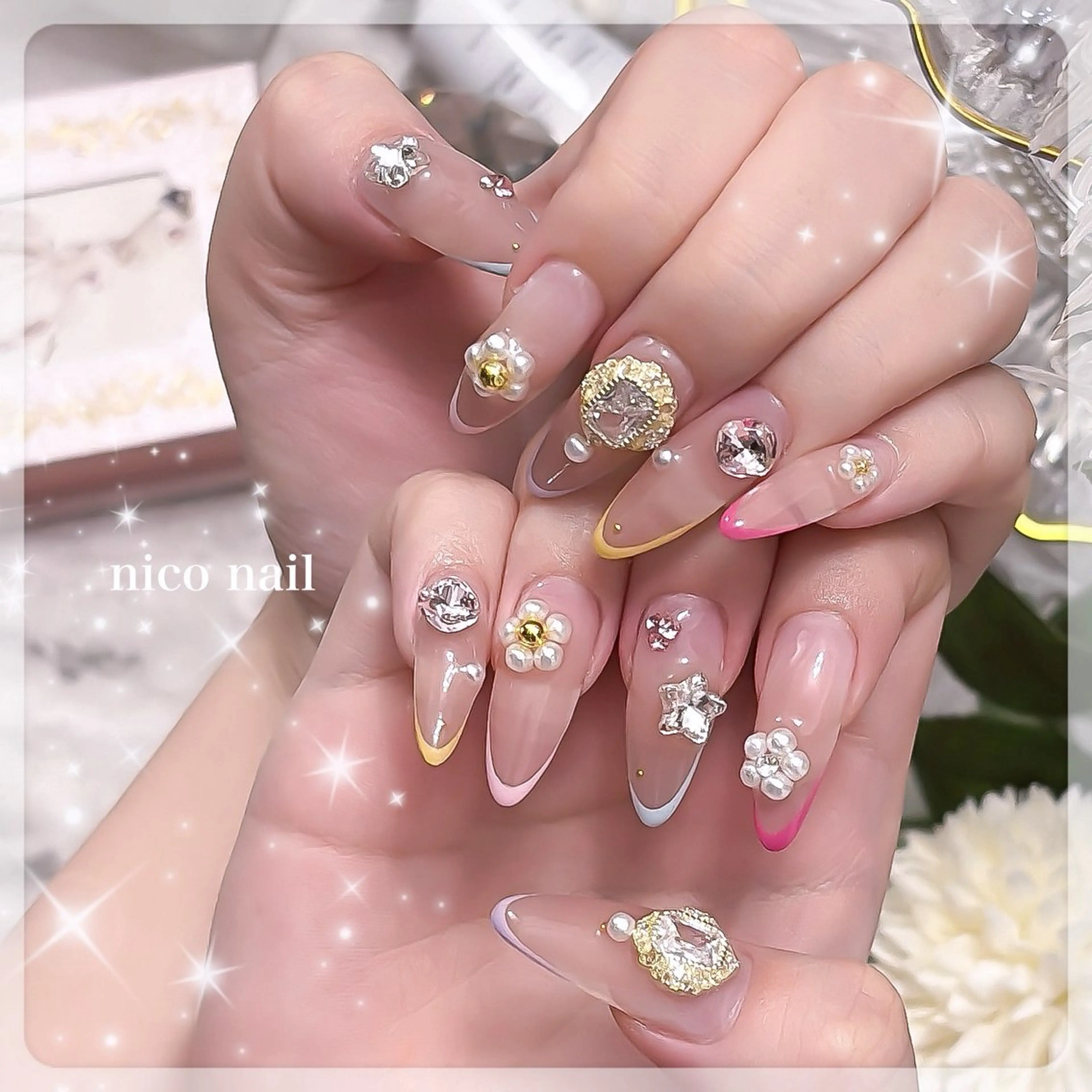 ネイル フレンチネイル ガーリー キラキラネイル ラメ(グリッター) パステルネイル 三鷹🎀韓国ネイル/ niconail🪄のネイルデザイン