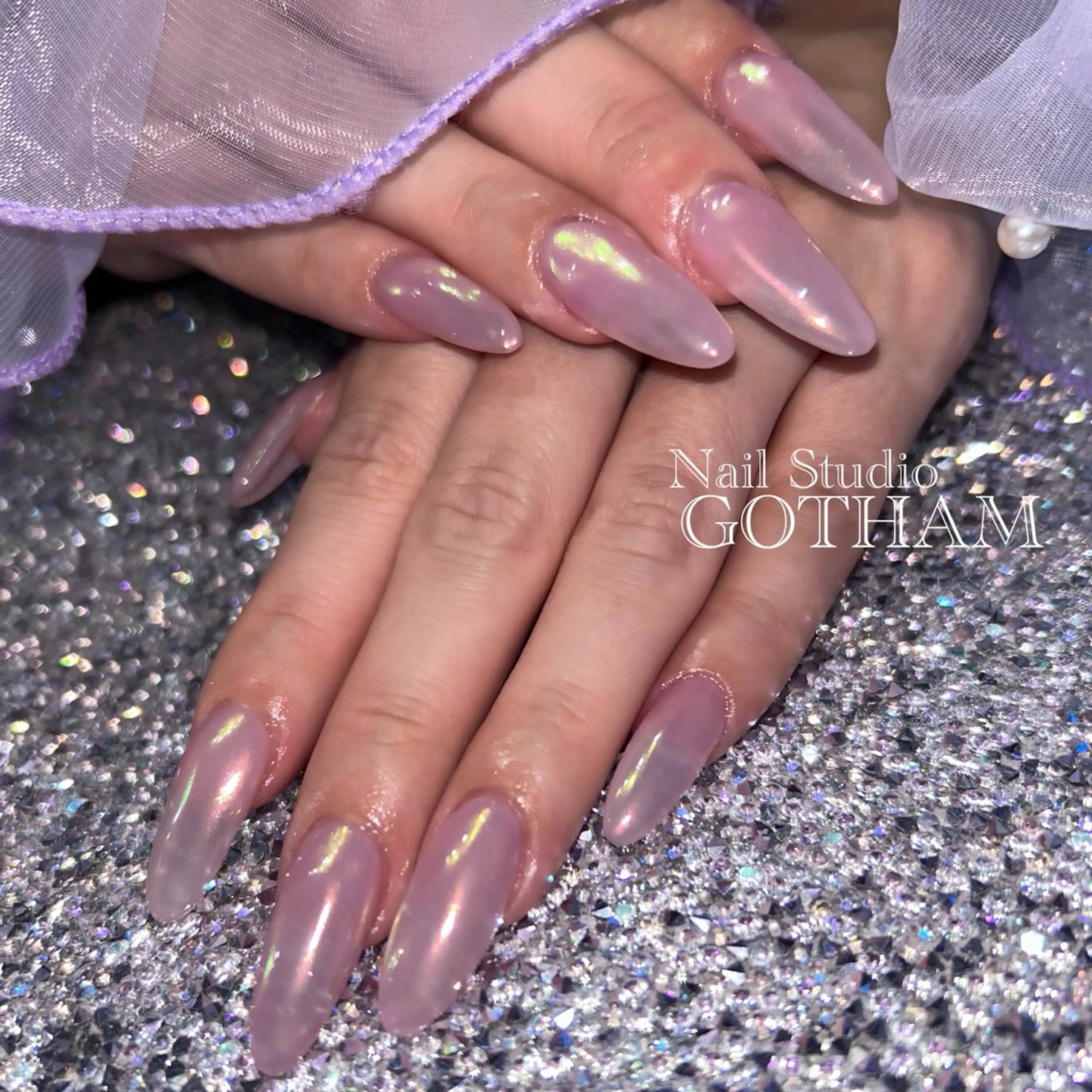 ネイル オーロラネイル クリアネイル 長さ出し ミラーネイル ハンドネイル Nail Studio GOTHAM所属・高円寺駅からすぐ🌈 ネイルGOTHAMのネイルデザイン