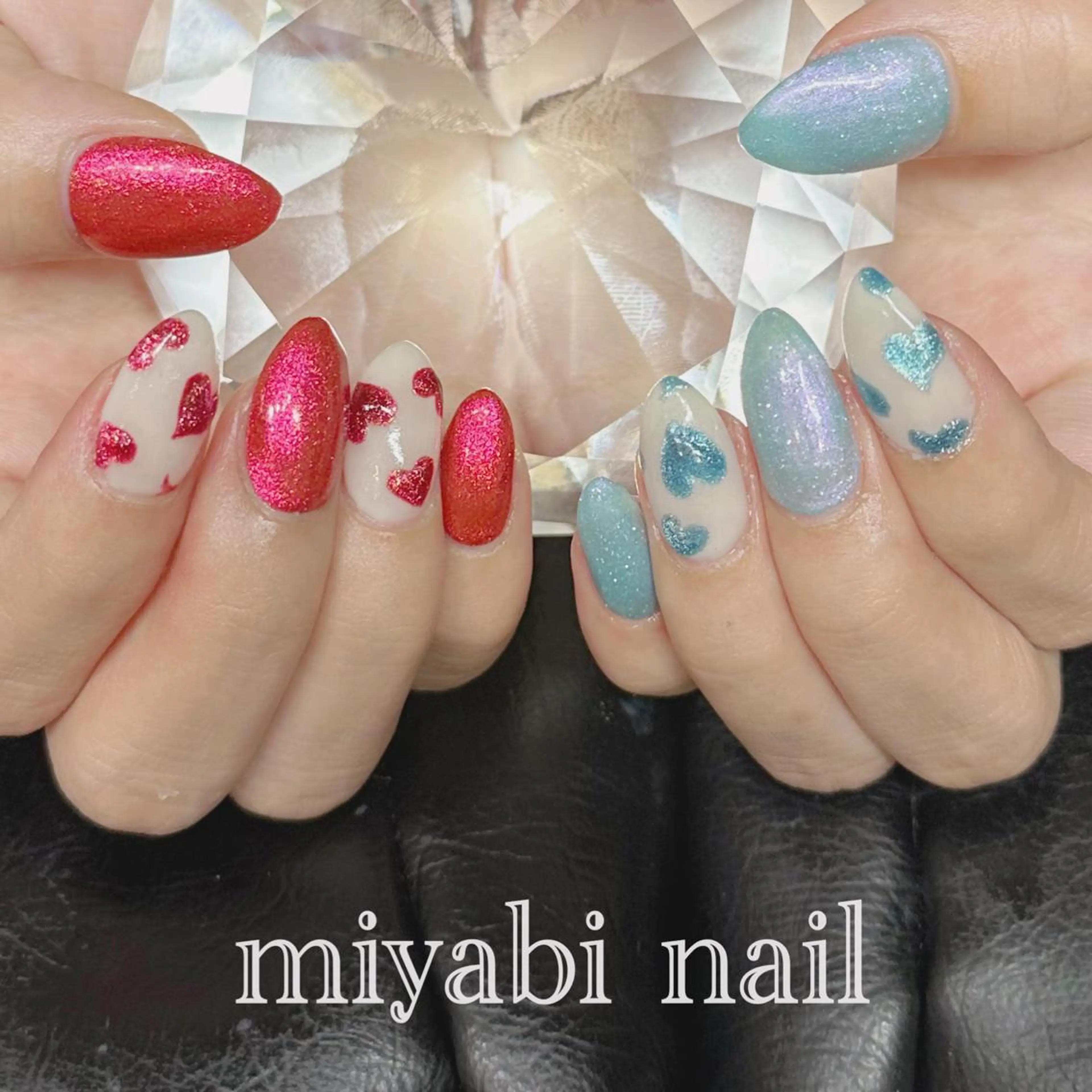 ネイル アートネイル ブルー ジェルネイル ハート キラキラネイル ハンドネイル miyabi nail 桂川駅近くのネイルデザイン