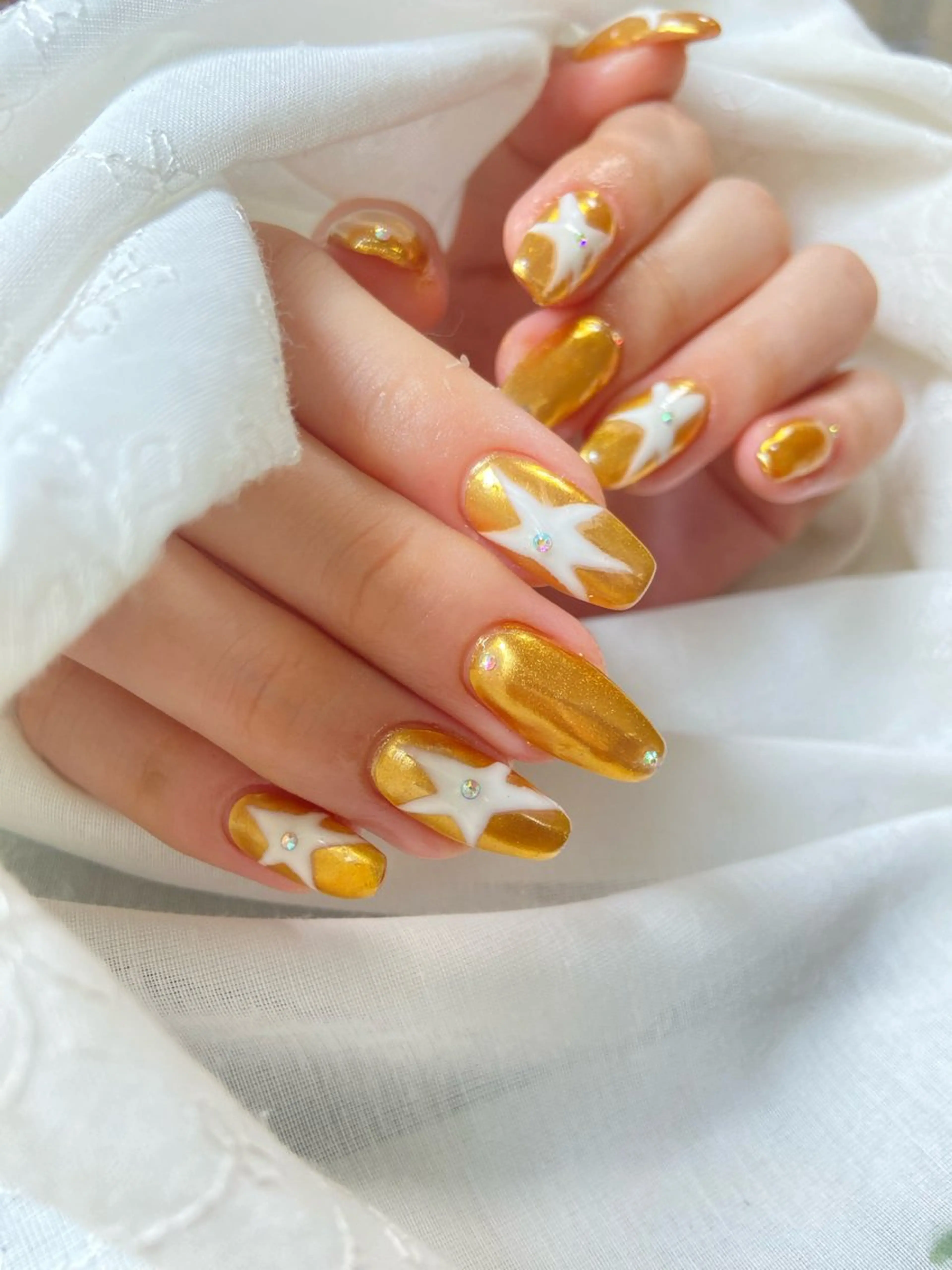 ネイル 長さ出し ミラーネイル 黄色 HandSnail自宅サロン所属・HandSnail 座間自宅ネイルサロンのネイルデザイン