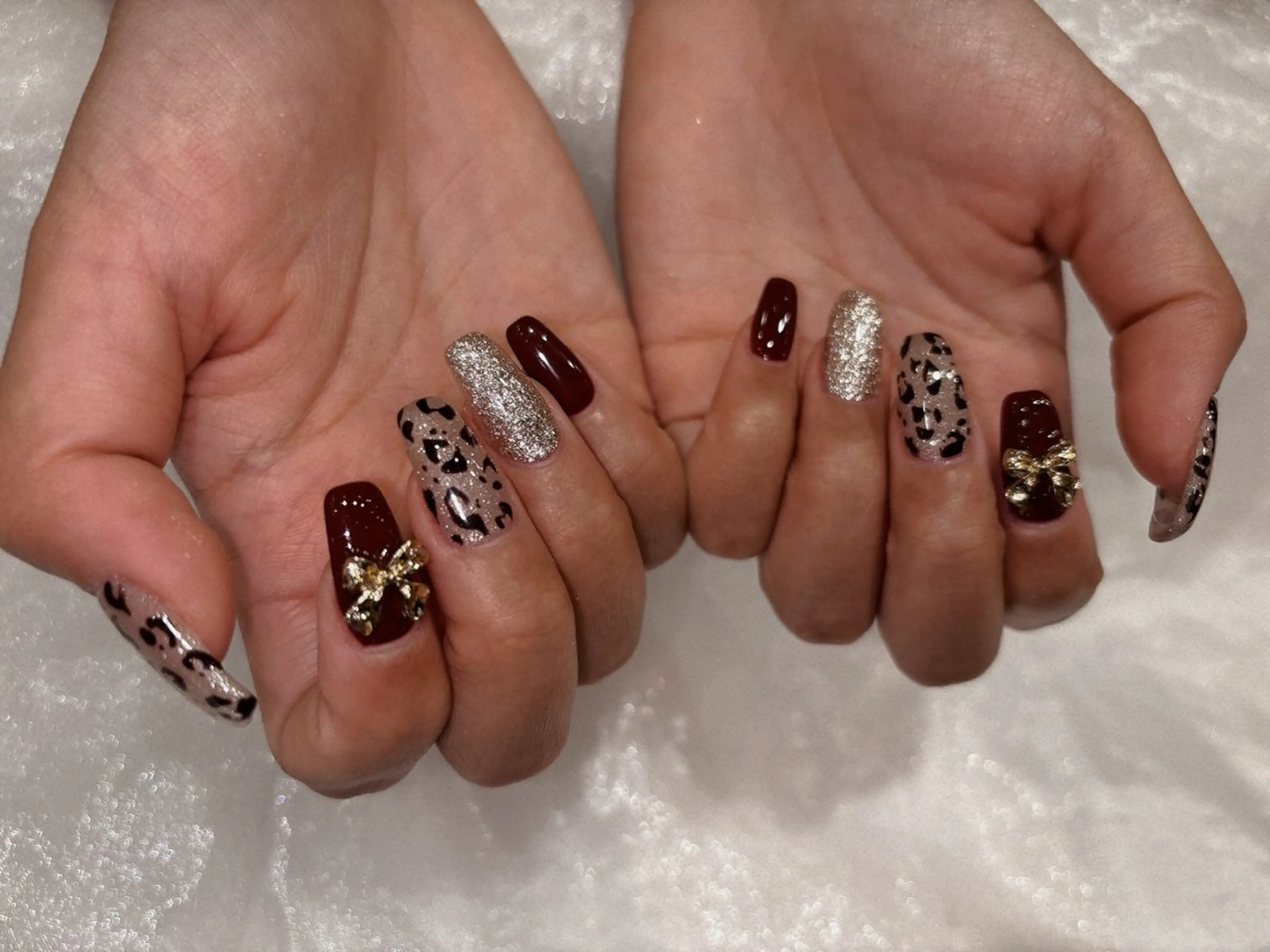 ネイル アニマル柄 ボルドー リボン ハンドネイル RAY＋beauty 豊田丸山　小島あいののネイルデザイン