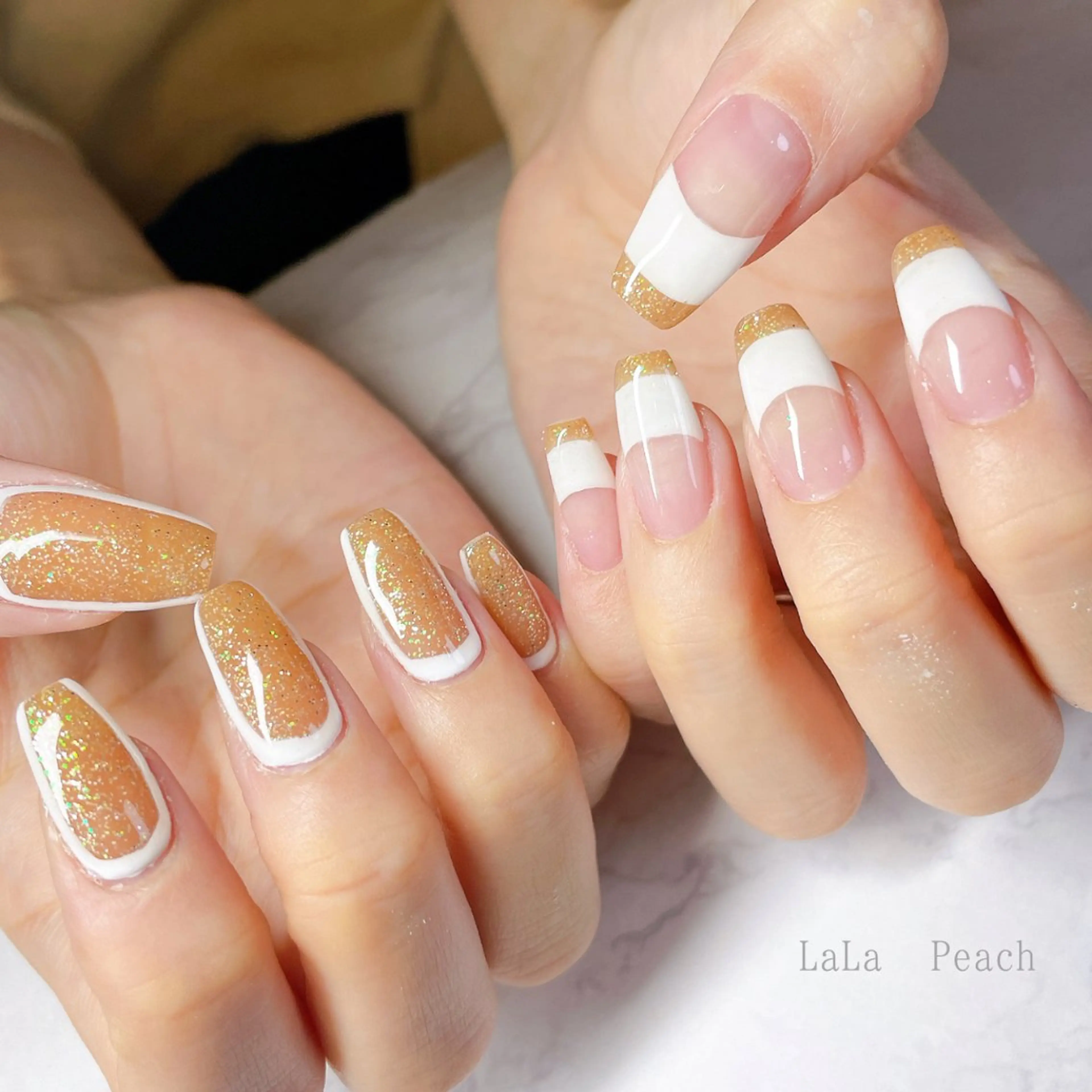 ネイル ダブルフレンチ フレンチネイル ジェルネイル ラメ(グリッター) ハンドネイル LaLa Peach 福岡のマツエク・マツパデザイン
