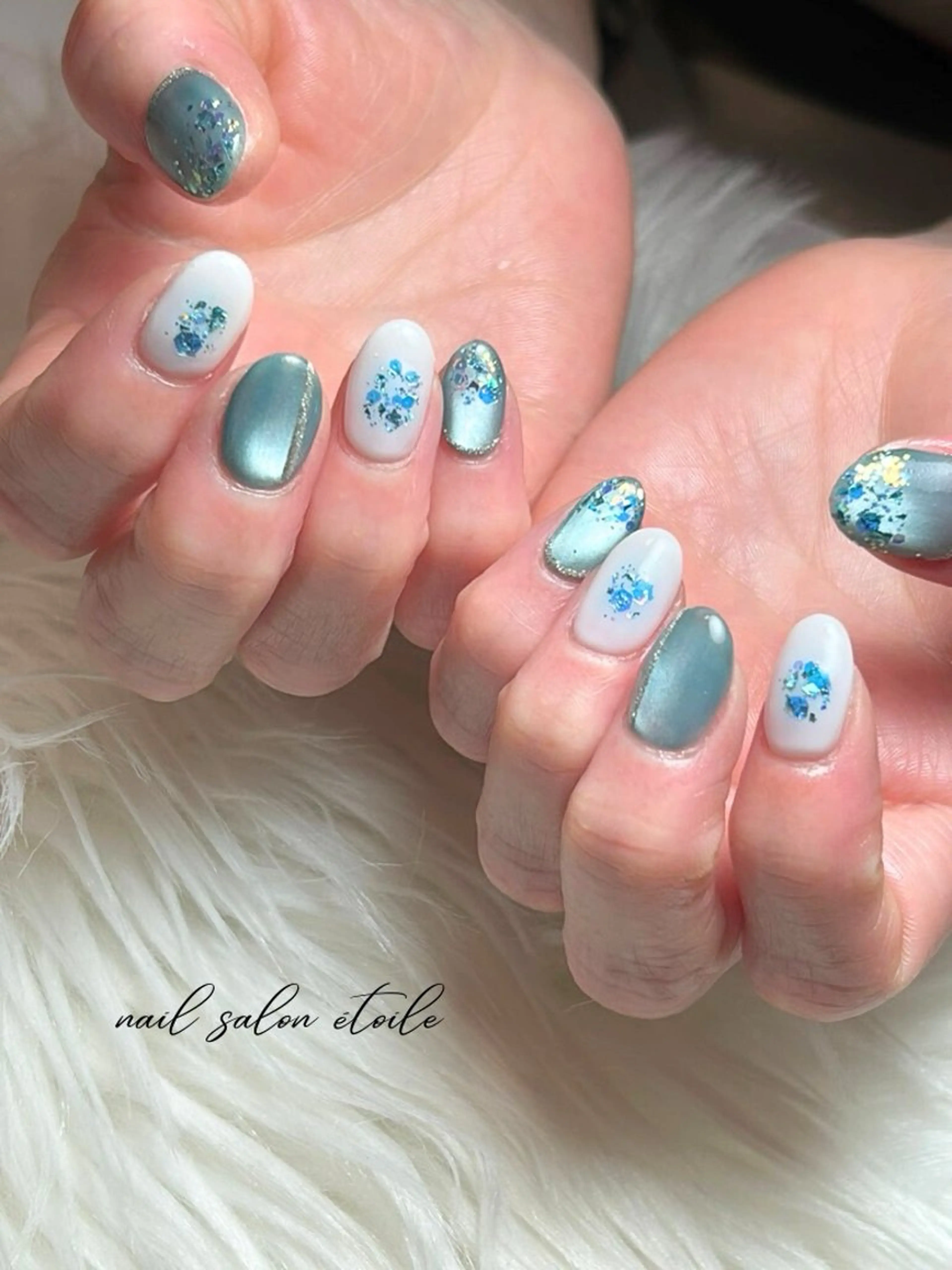 ネイル チークネイル 水色 マグネットネイル 春ネイル 夏ネイル ハンドネイル nail salon étoileのネイルデザイン