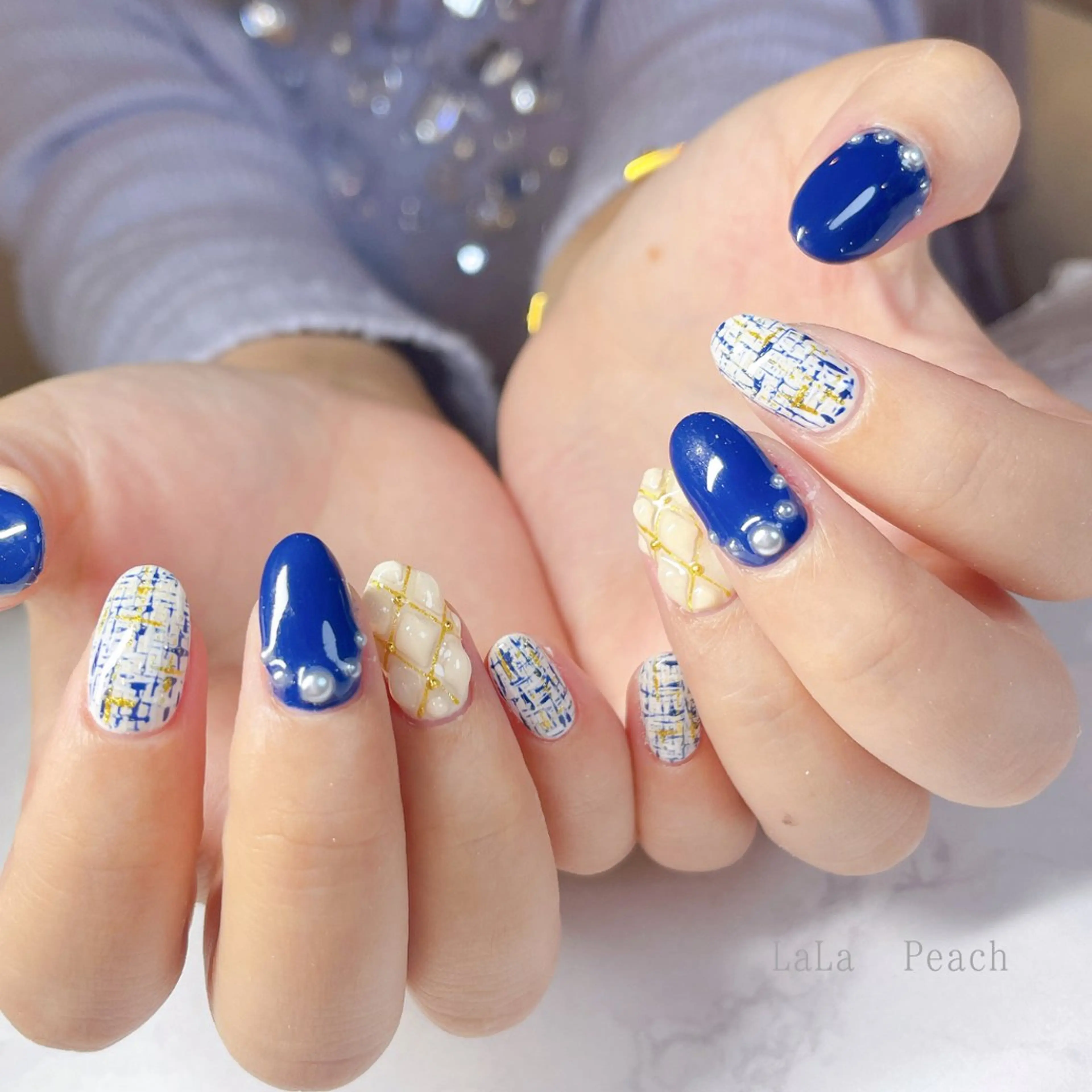 ネイル ジェルネイル ネイビー ツイードネイル ハンドネイル LaLa Peach 福岡のマツエク・マツパデザイン
