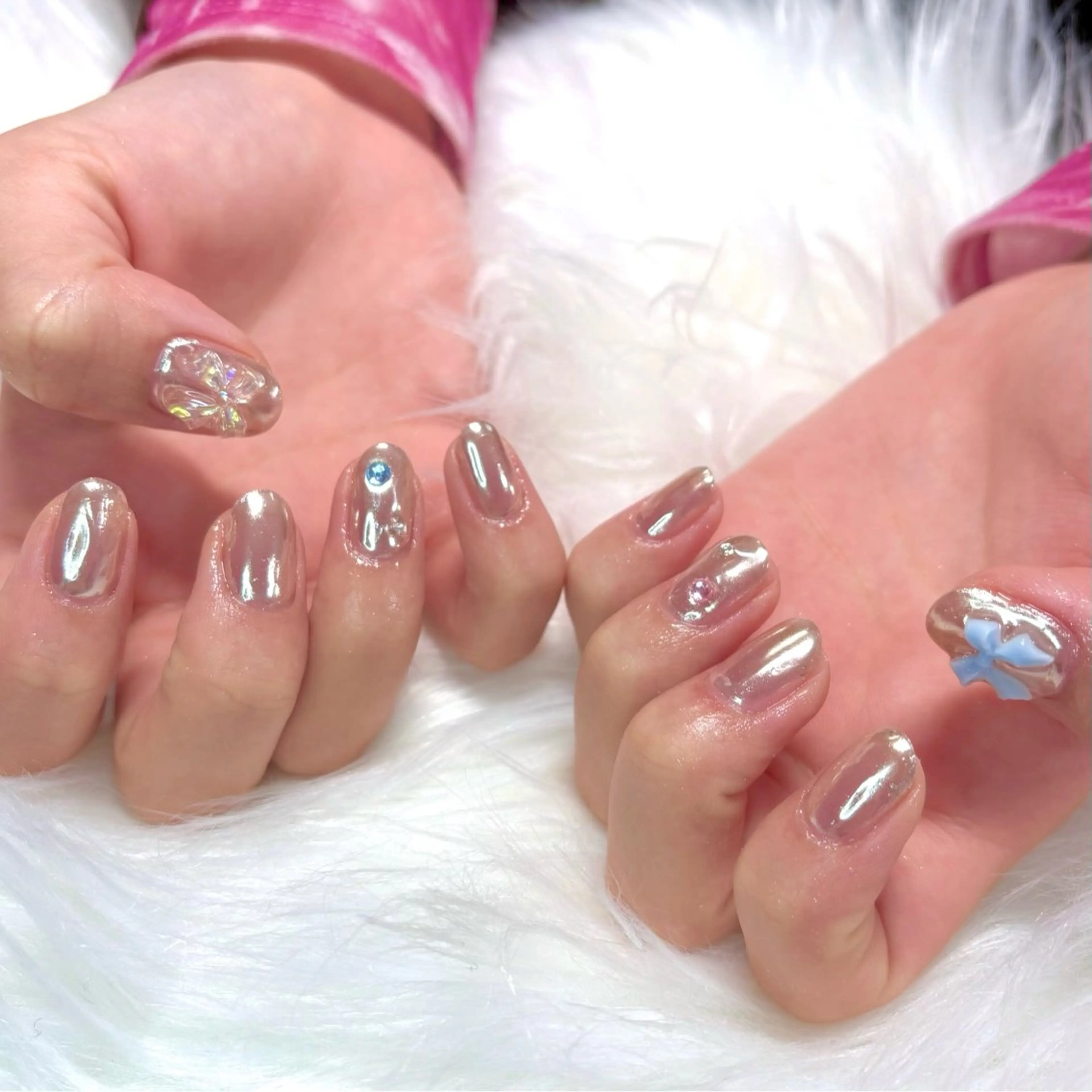 ネイル ミラーネイル リボン シルバー ハンドネイル Noix nailのネイルデザイン