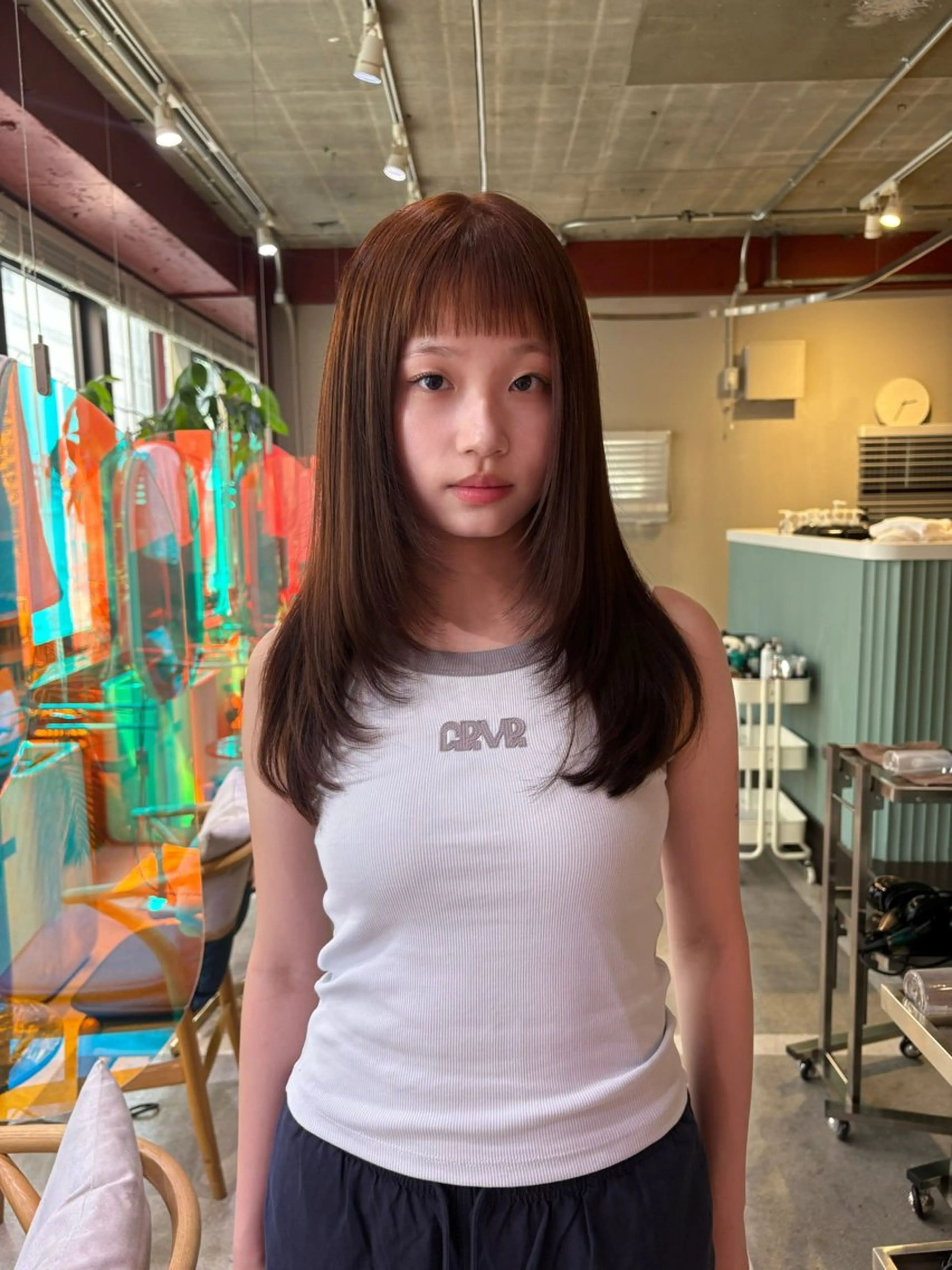 セミロング オレンジブラウン レイヤーカット LOREN＋透明感 オリーブhirokoのヘアスタイル