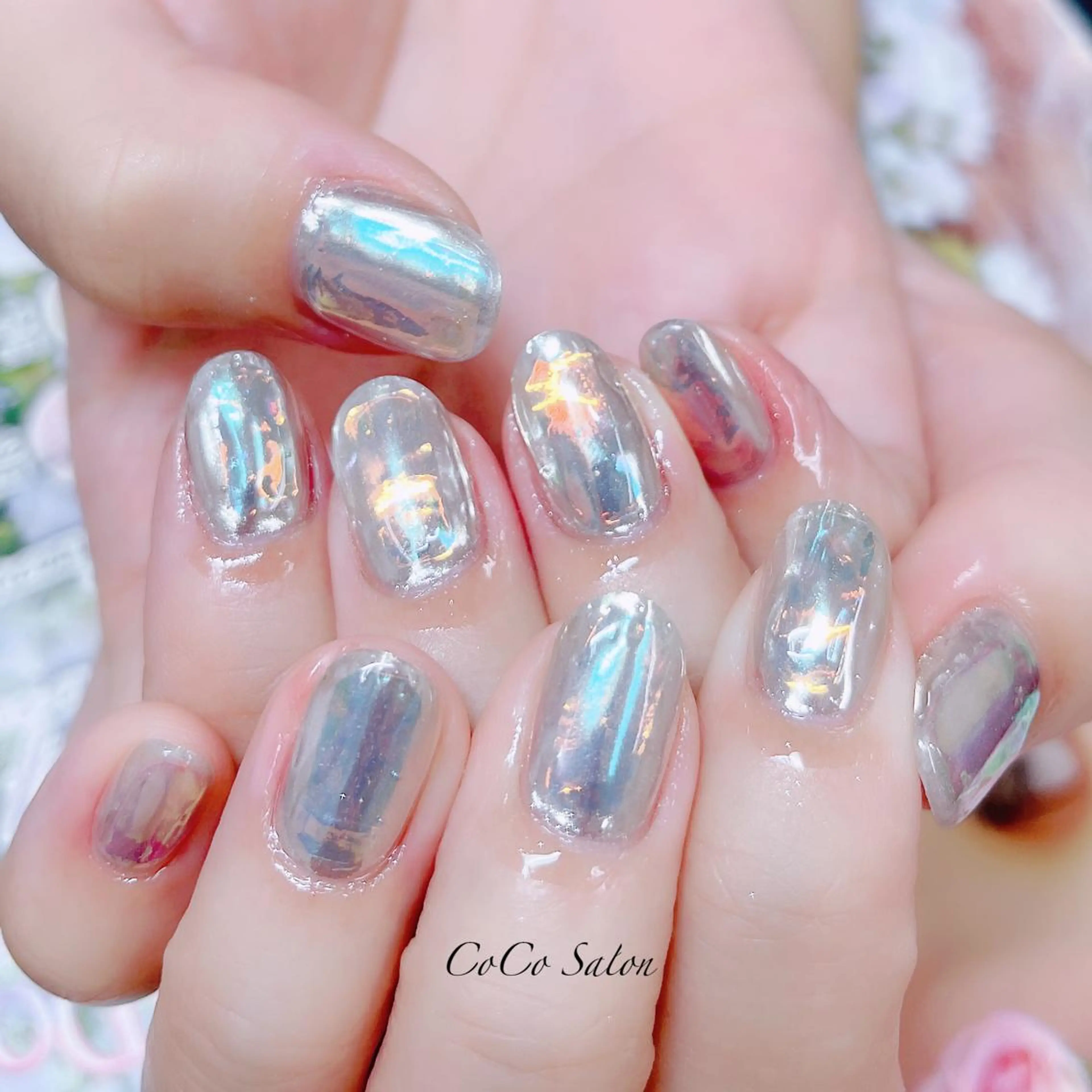 ネイル オーロラネイル 成人式 長さ出し ジェルネイル 氷ネイル・うるうるネイル ハンドネイル CoCoSalon ネイル/まつ毛予約のネイルデザイン