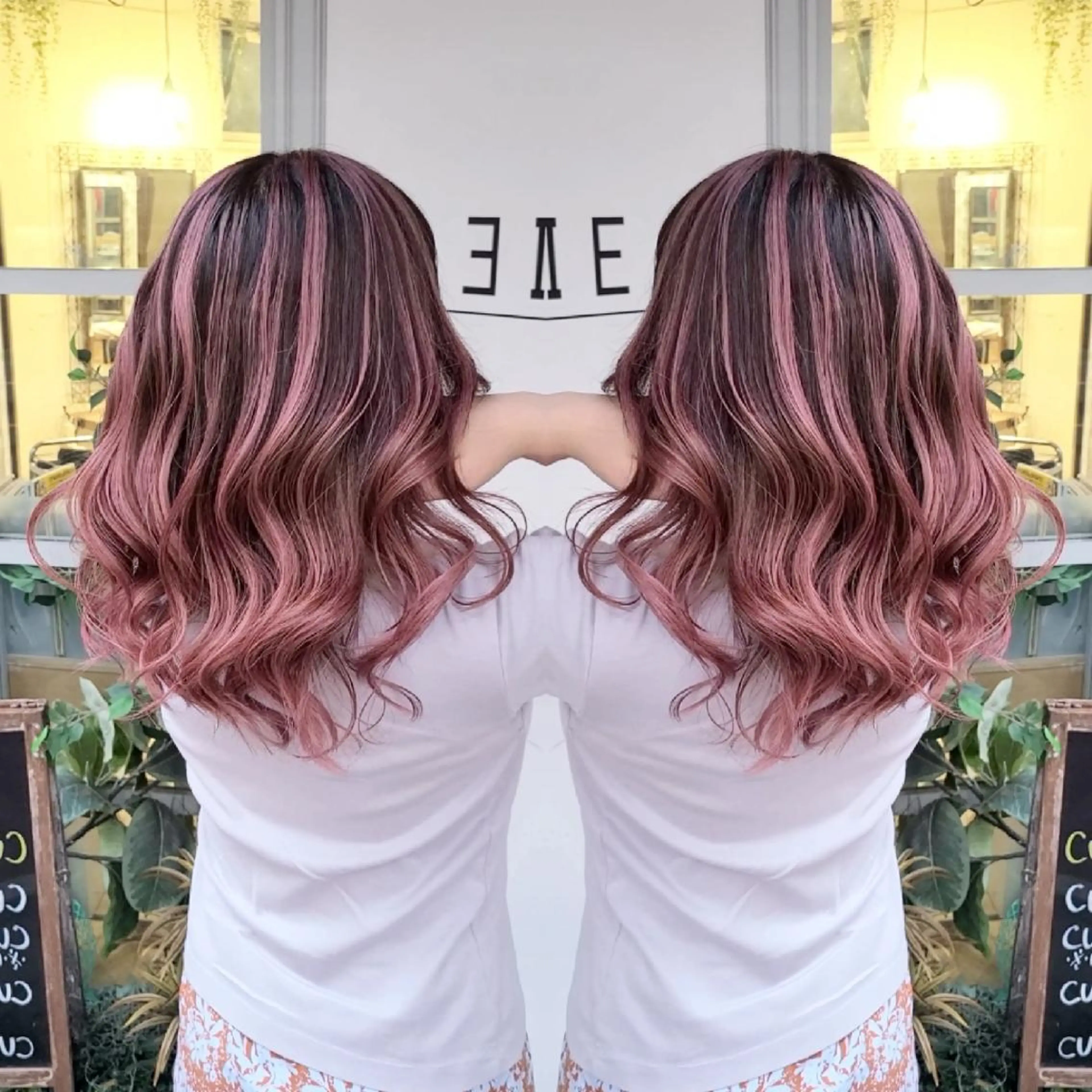 セミロング カラー バレイヤージュ ピンクカラー 外国人風カラー レイヤーカット cherie所属・バレイヤージュ/ ハイライト/大内格のヘアスタイル