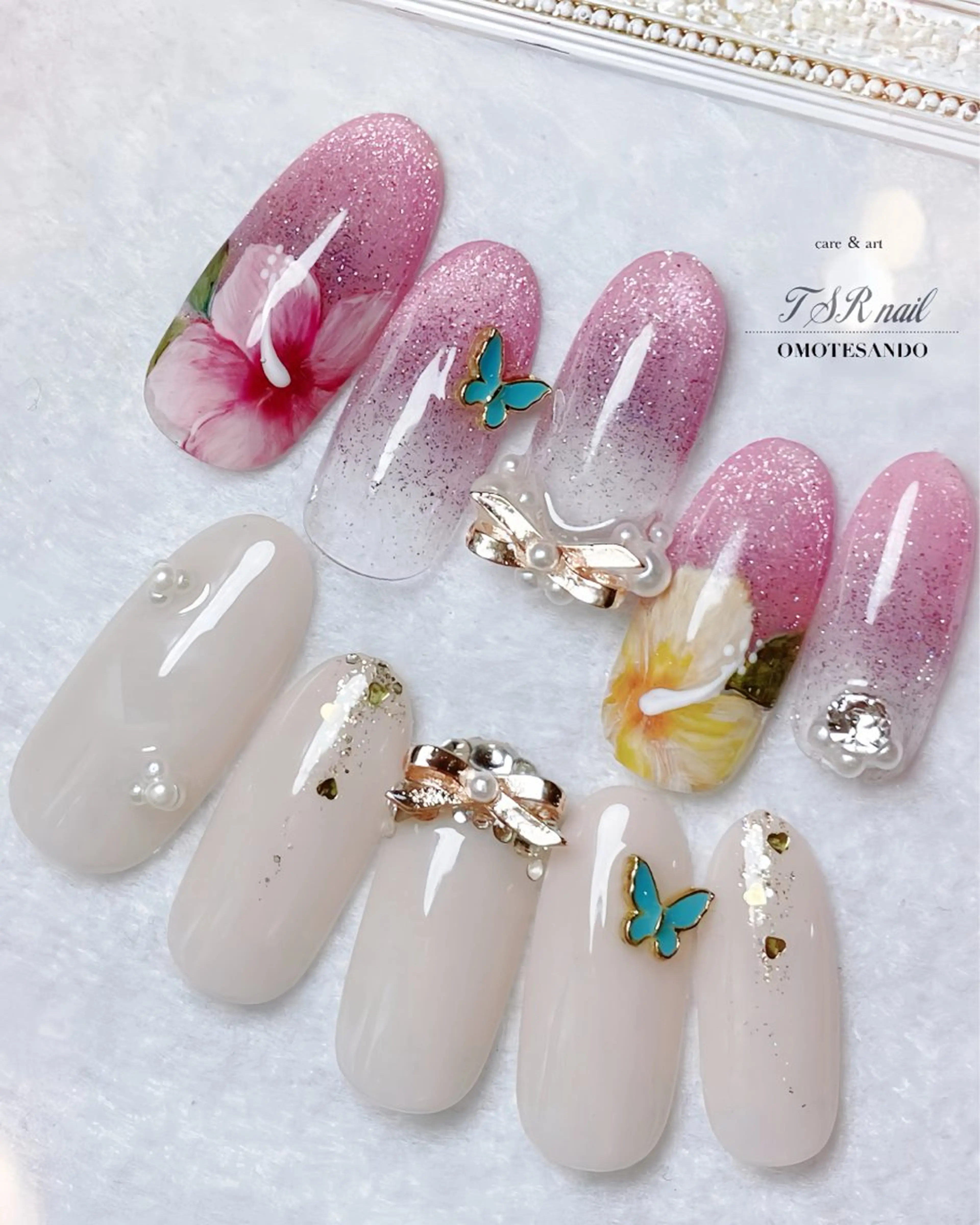 ネイル ブルー ハート リボン 夏ネイル ネイルチップ ハンドネイル ハンドケア 爪咲 りり花のネイルデザイン