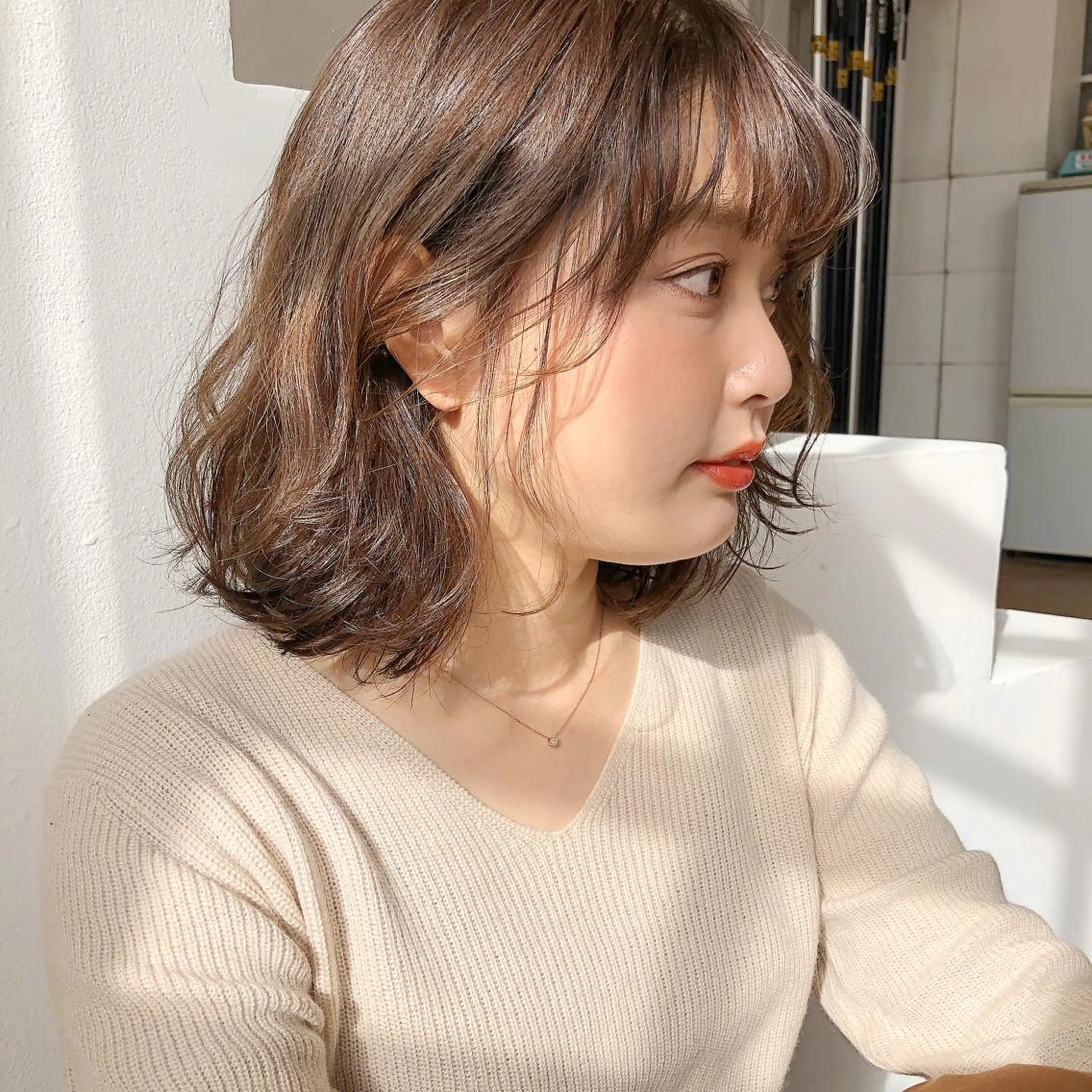 ミディアム カラー パーマ ヘアアレンジ ミディアムパーマ ニュアンスパーマ 榎園 由美のヘアスタイル