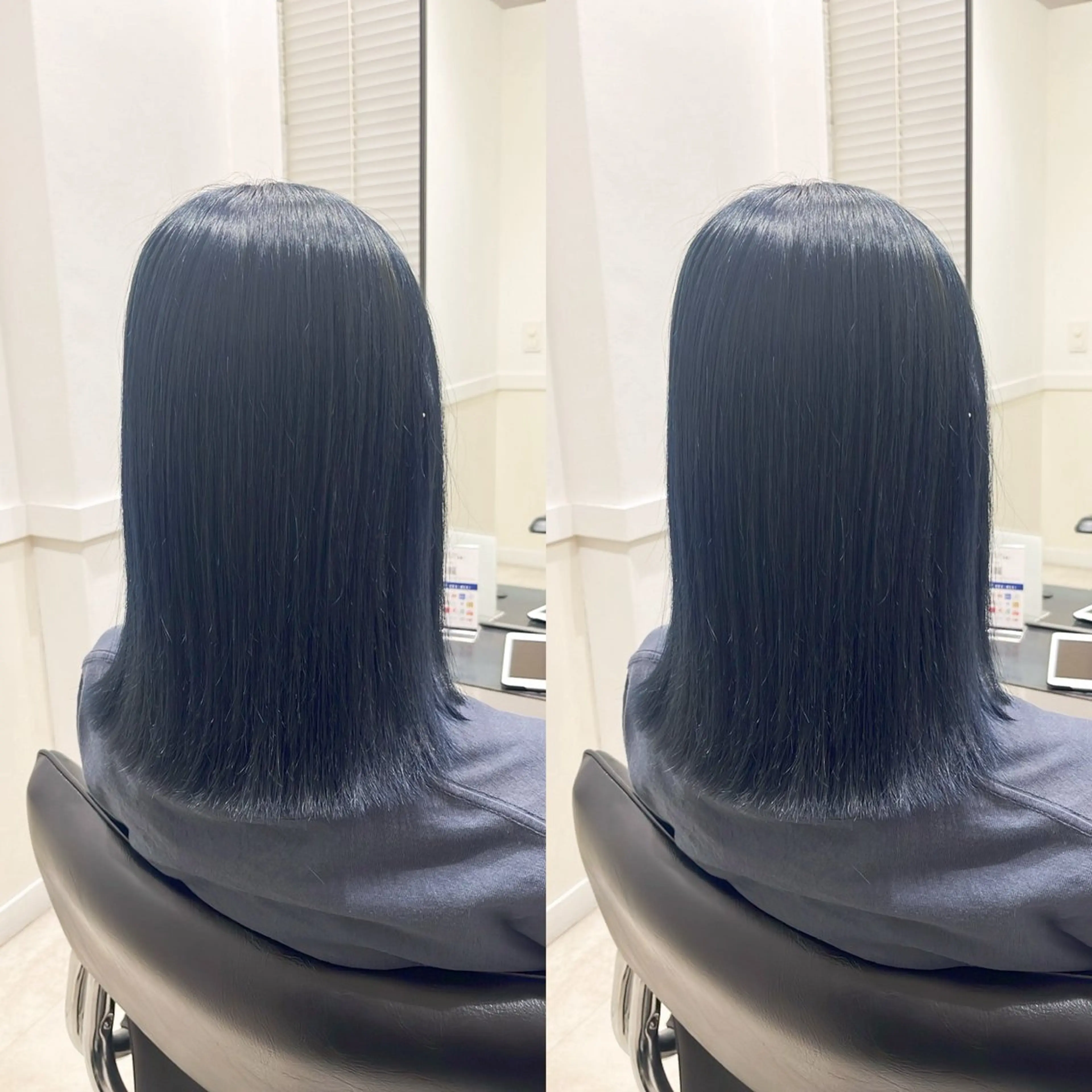 カラー 黒髪 ブリーチ ブルーカラー ブルーブラック 縮毛矯正/髪質改善 /レイヤー/韓国のヘアスタイル