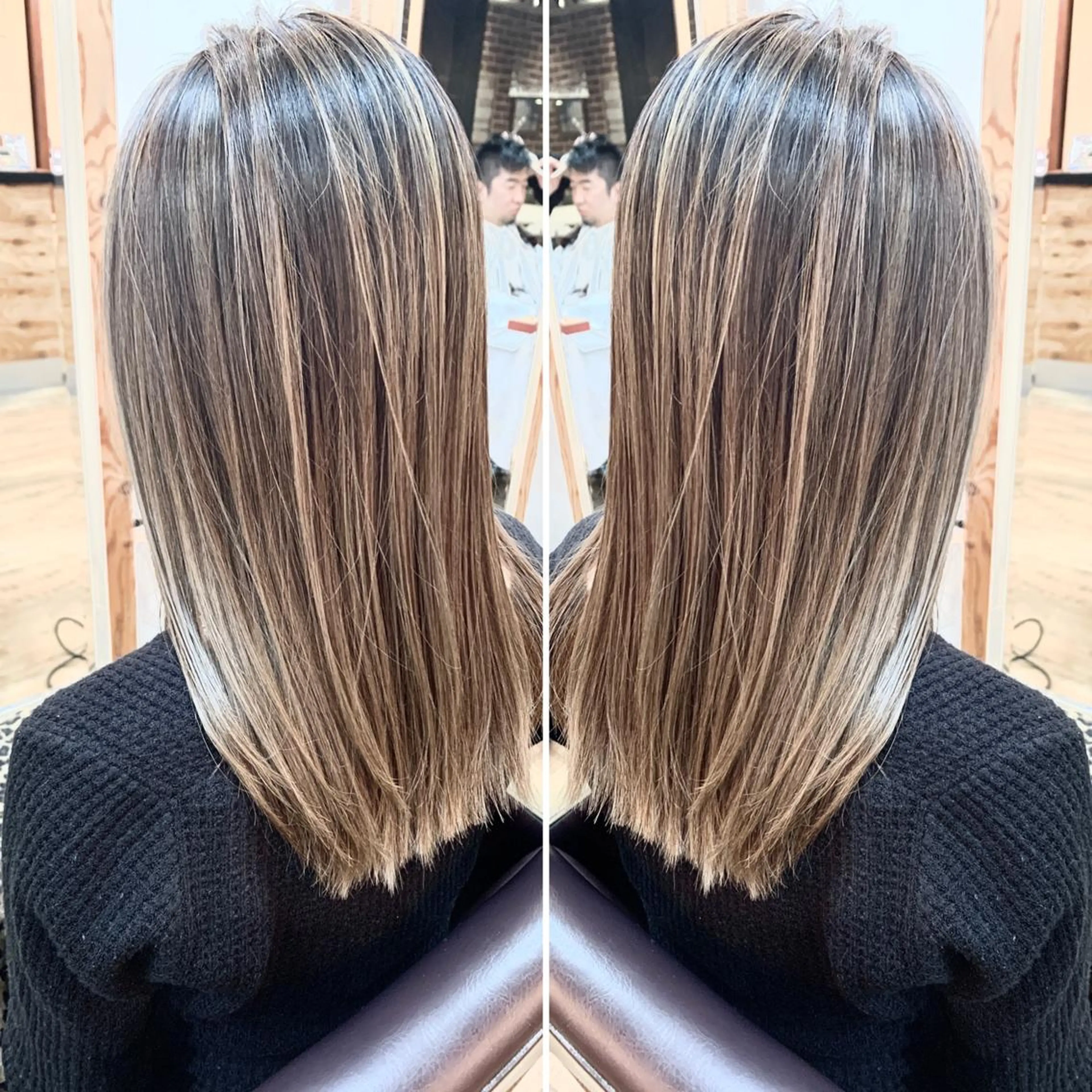 セミロング カラー バレイヤージュ ブリーチ ハイライトカラー ハイライト レイヤーカット ヘアカラー トリートメント 岡崎勇人/レイヤー/ 韓国/ケラチンTRのヘアスタイル