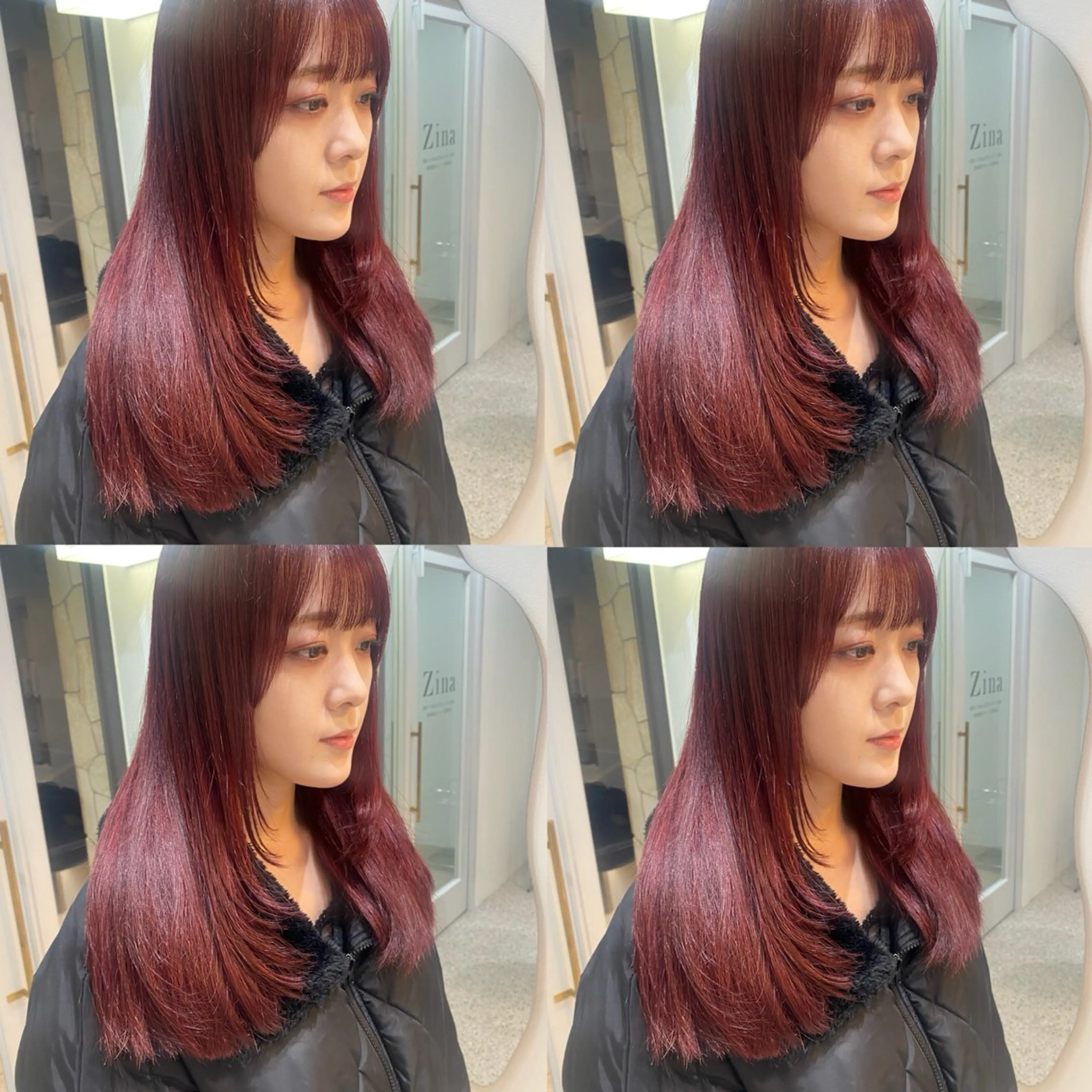 ロング カラー ボルドーカラー 顔まわりレイヤー 顔周りカット レイヤーカット カット ヘアカラー トリートメント Zina‎ 🤍 AYAのヘアスタイル