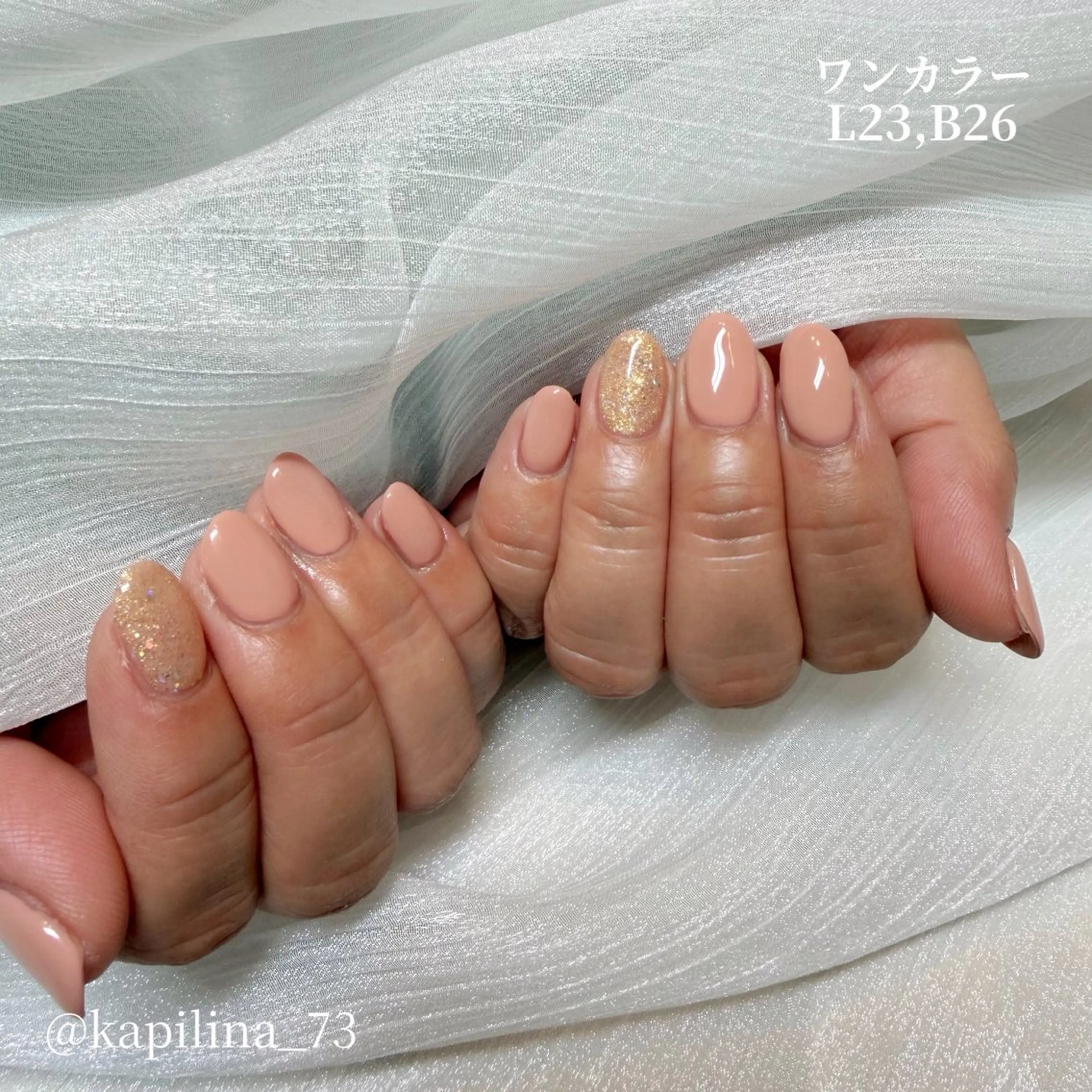 ネイル ゴールド ラメ(グリッター) ワンカラーネイル ピンク ハンドネイル Nailsalon Ka pilina所属・Ka pilina MOMOのネイルデザイン