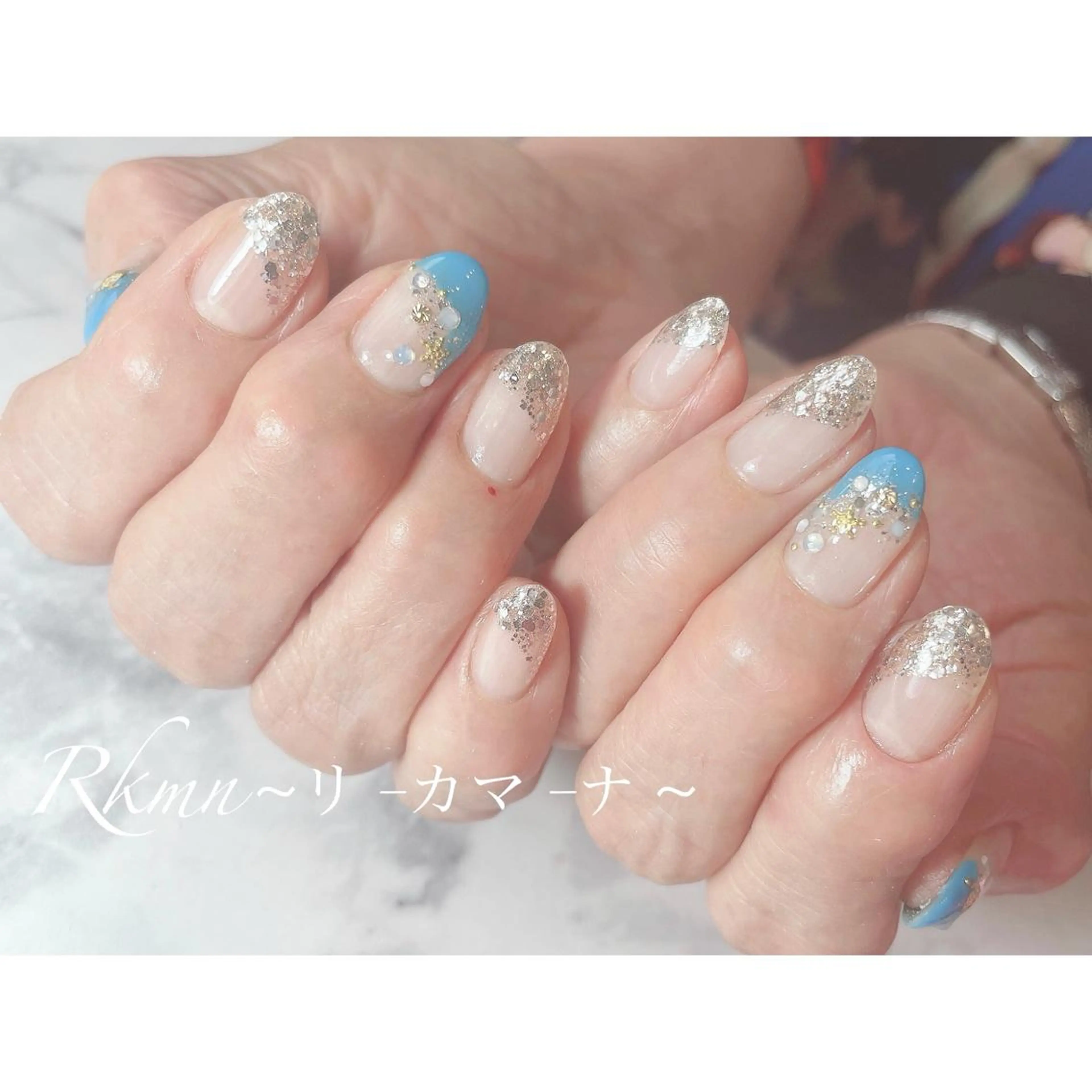 ネイル アートネイル フレンチネイル ラメ(グリッター) 水色 春ネイル ハンドネイル フットネイル ハンドケア Rkmn ~リ-カマ-ナ~のネイルデザイン