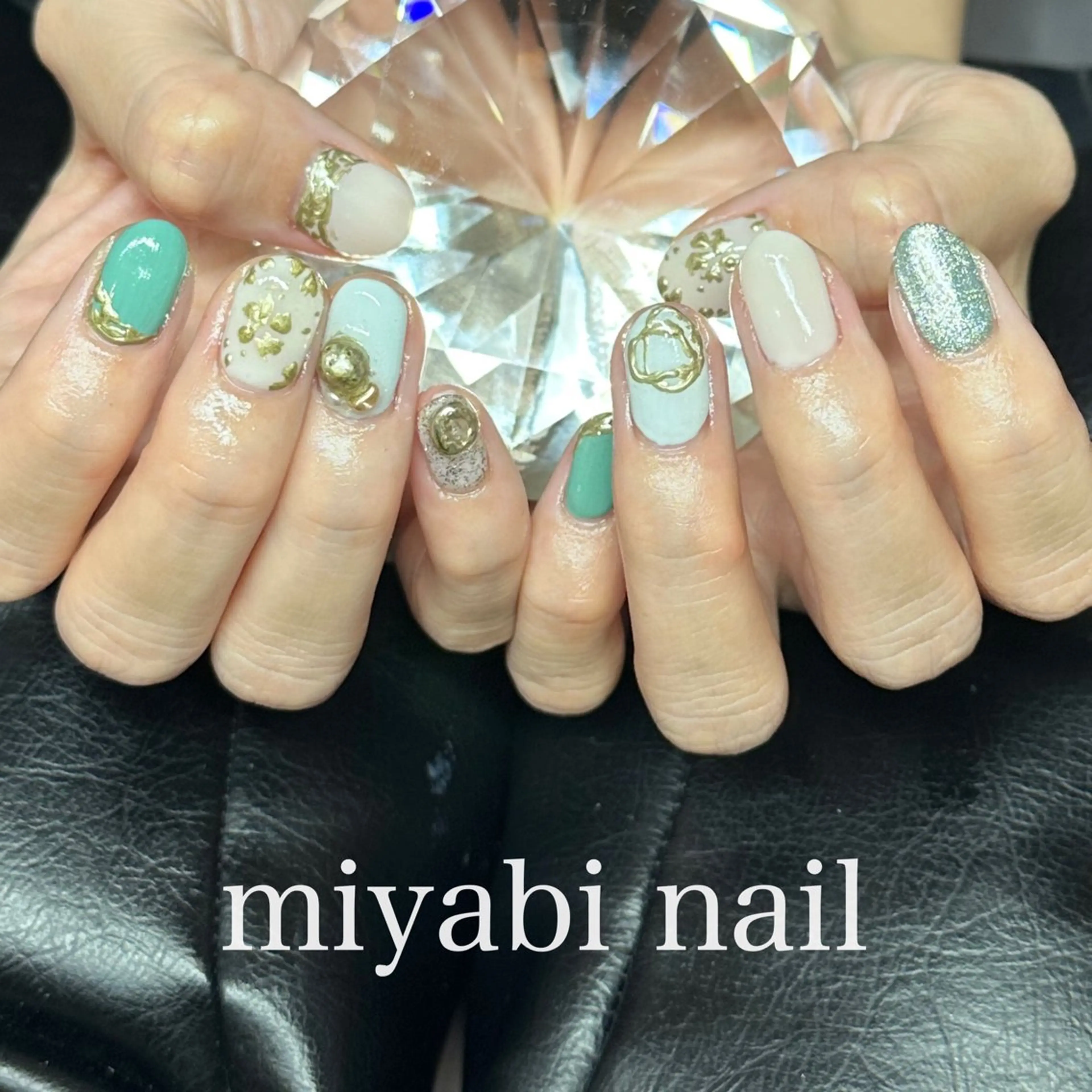 ネイル アートネイル ブルー ジェルネイル グリーン マグネットネイル ハンドネイル miyabi nail 桂川駅近くのネイルデザイン