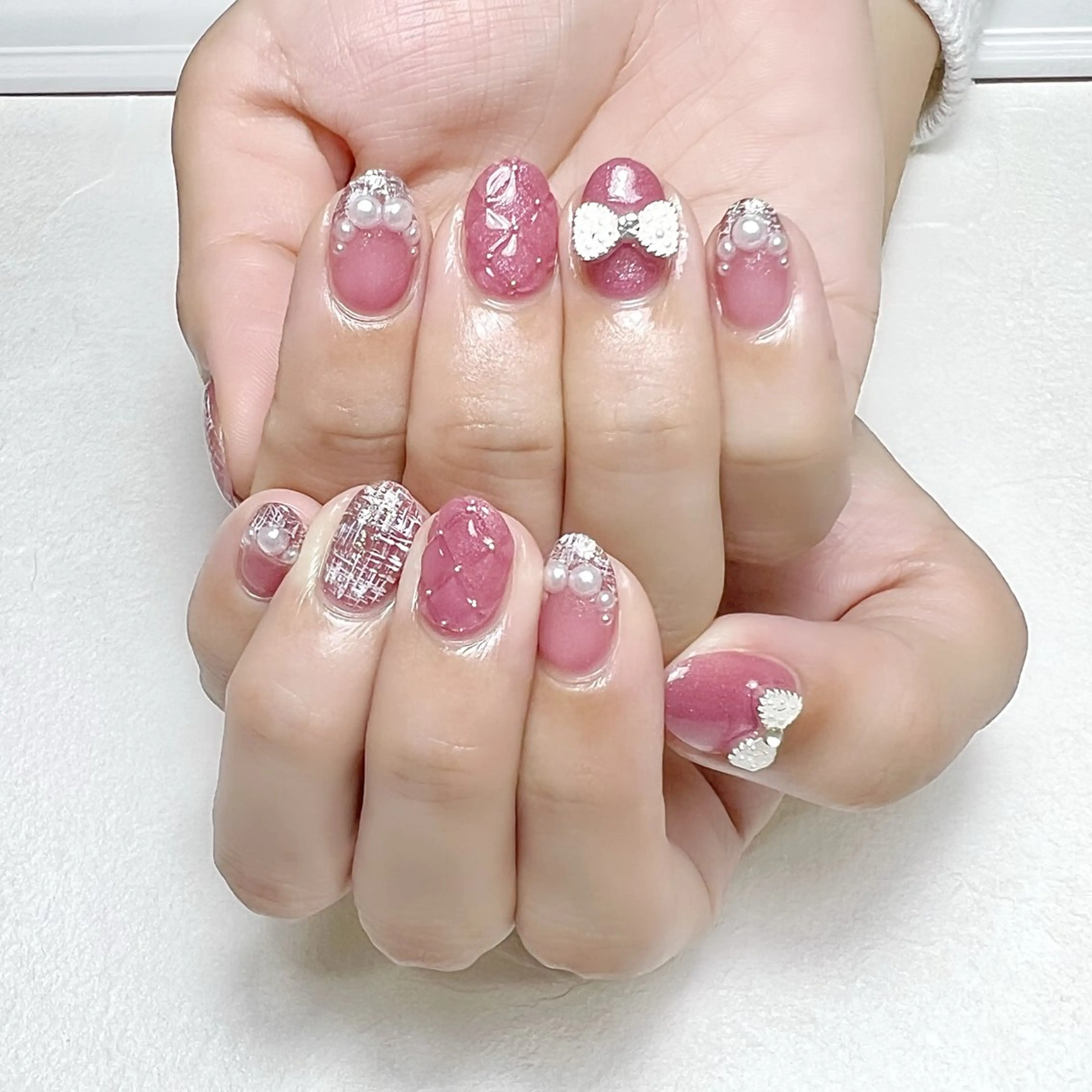 ネイル ガーリー キラキラネイル 韓国ネイル ピンク ツイードネイル rouse nail RISATOのネイルデザイン