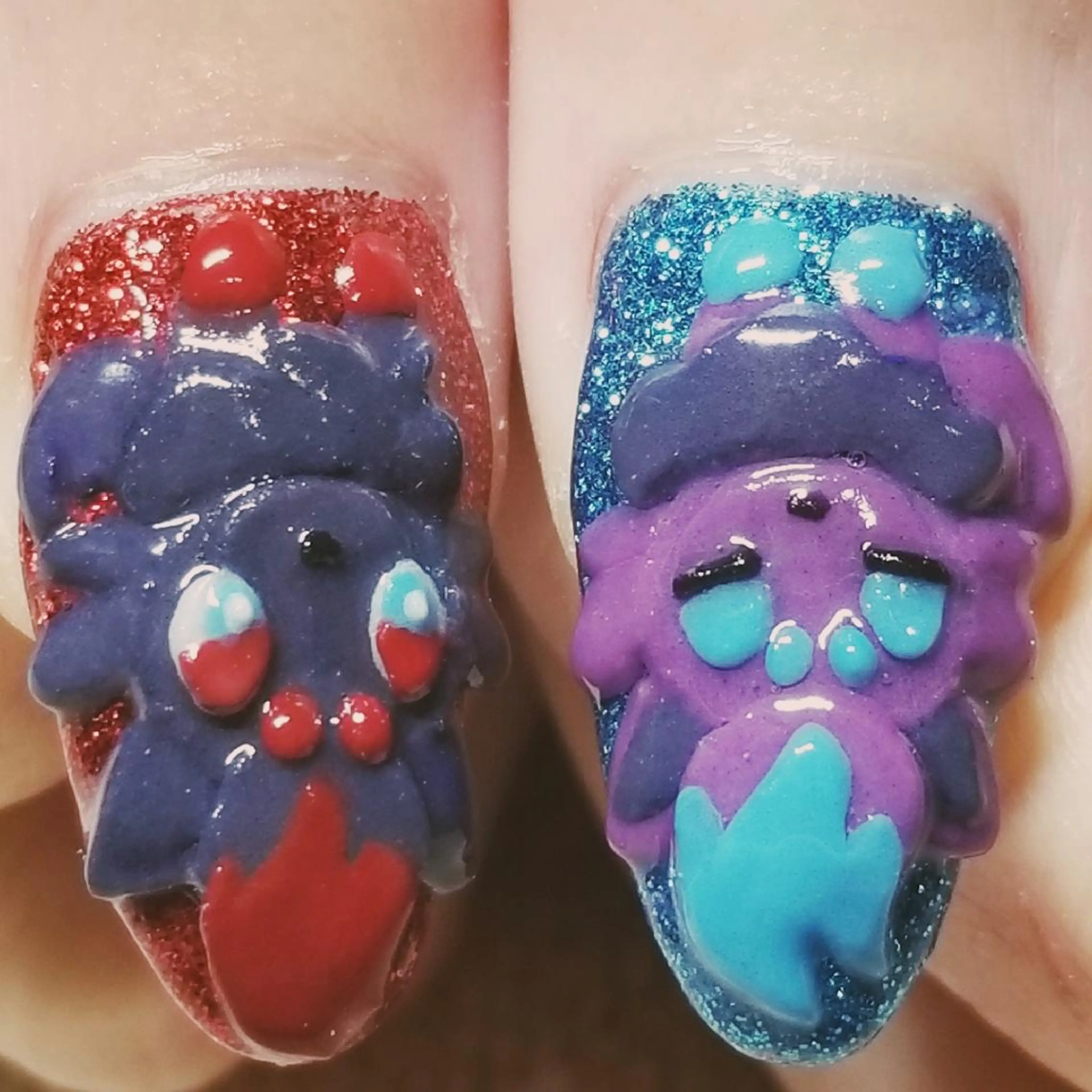 ネイル ラメ(グリッター) 水色 ワンカラーネイル 赤色 ハンドネイル よしだ ひろきのネイルデザイン