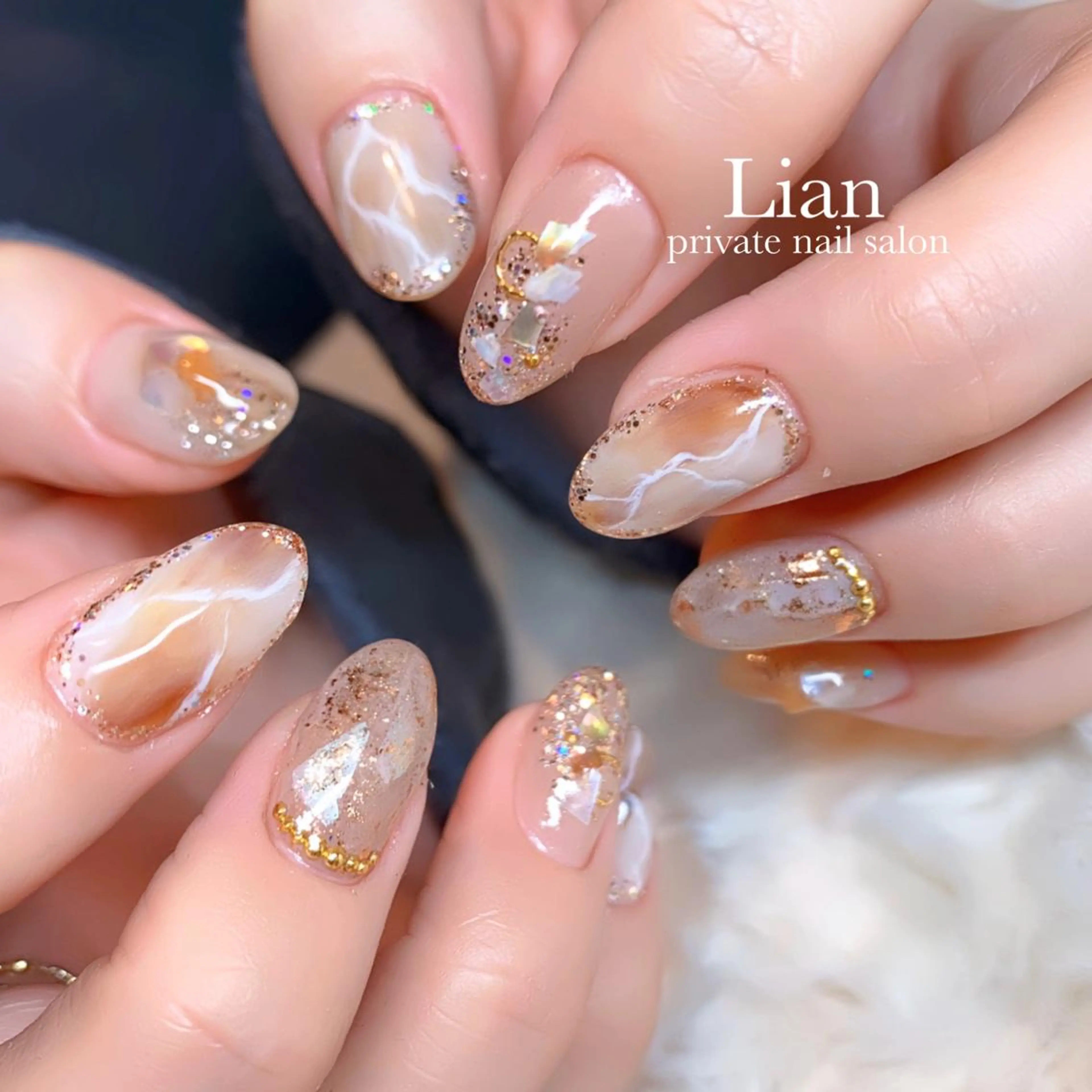 ネイル ブラウン キラキラネイル 大理石ネイル(マーブル) ニュアンスネイル nailsalon Lenoaのネイルデザイン