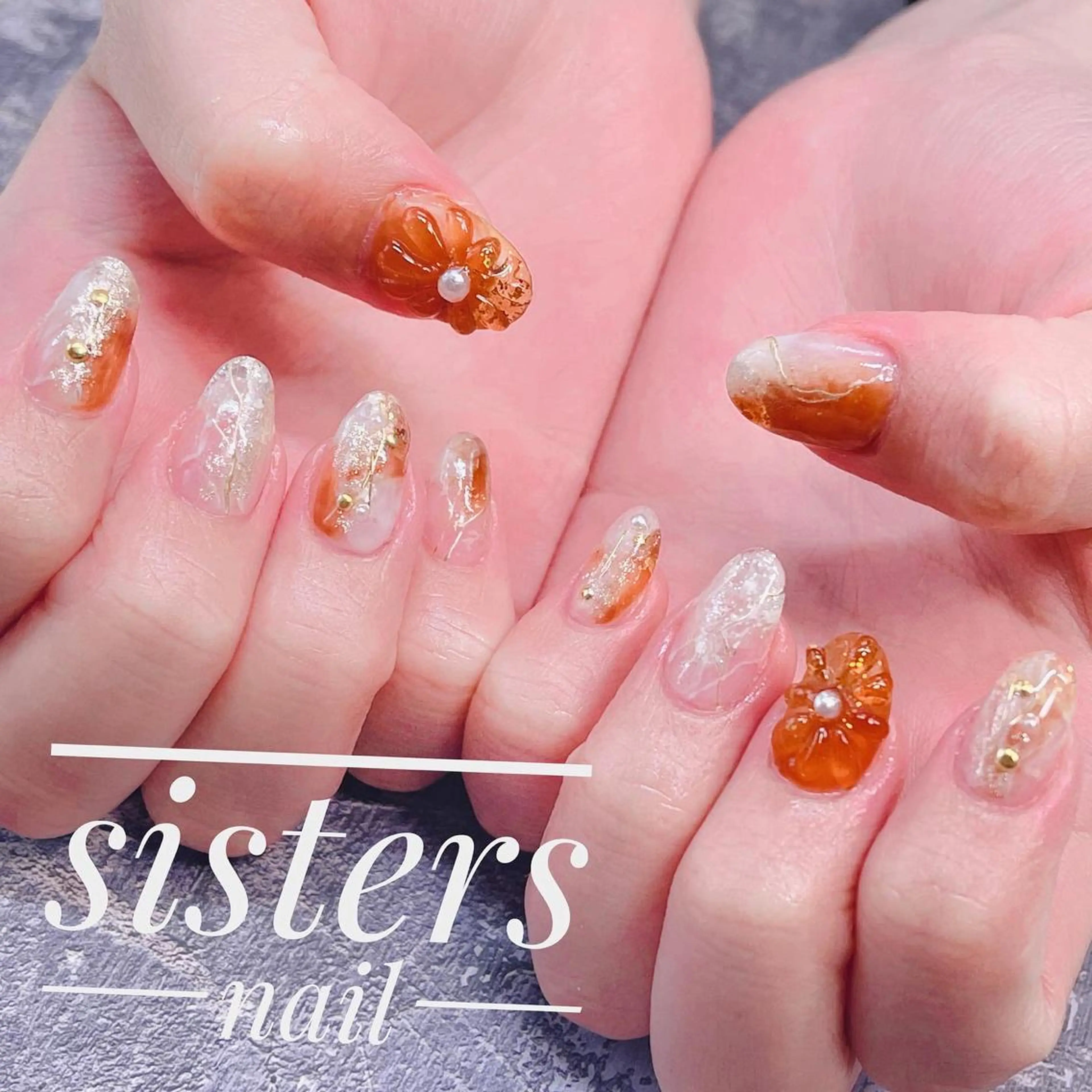 ネイル アートネイル ブラウン フラワーネイル キラキラネイル 大理石ネイル(マーブル) ハンドネイル ハンドケア sisters nail.fのネイルデザイン