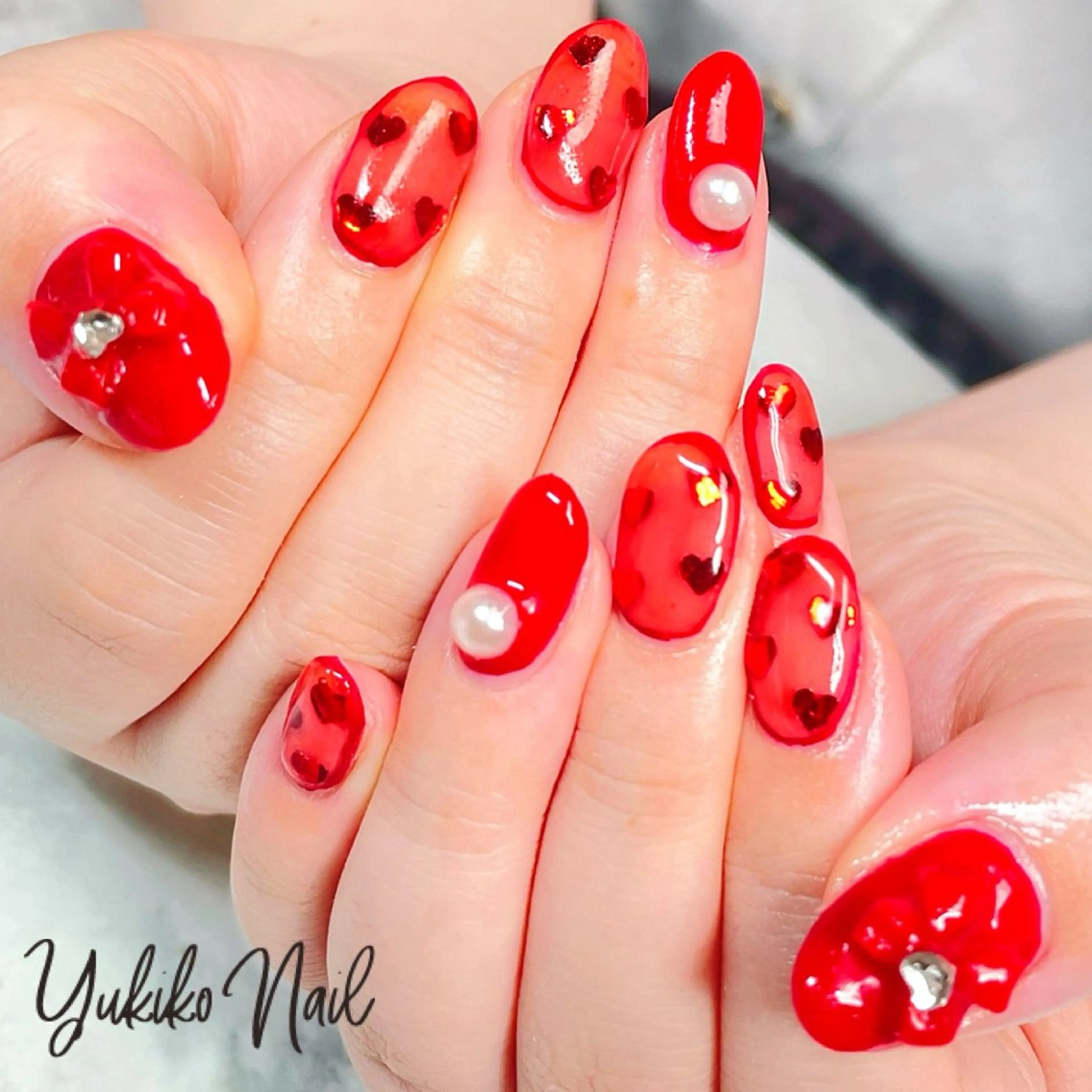ネイル ドット ハート 赤色 リボン ハンドネイル ユキコ ネイルのネイルデザイン