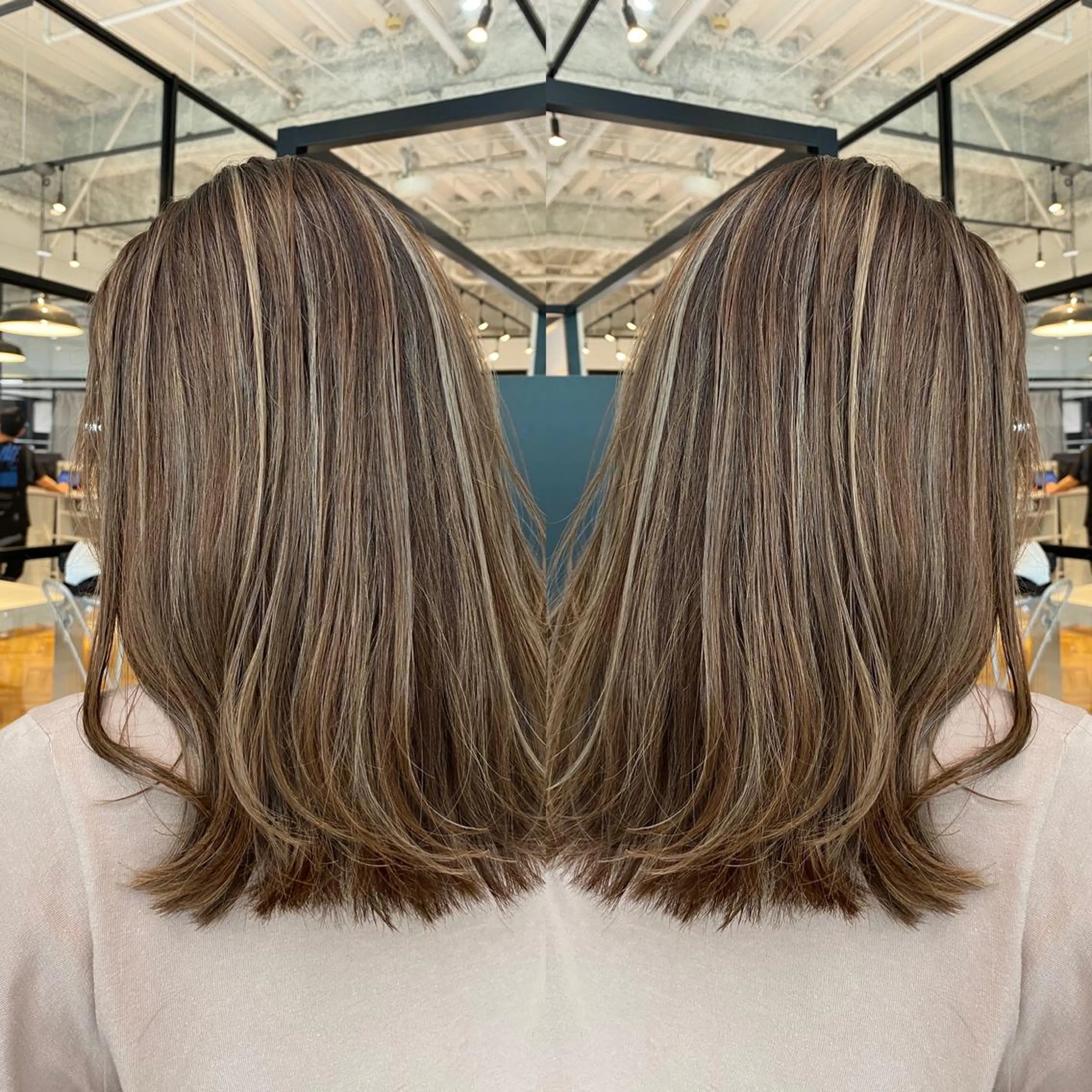 セミロング カラー バレイヤージュ ベージュカラー ブリーチ ケアブリーチ デザインカラー カット ヘアカラー salowin梅田茶屋町suite所属・ハイトーンヘア/ 島崎　タクミのヘアスタイル