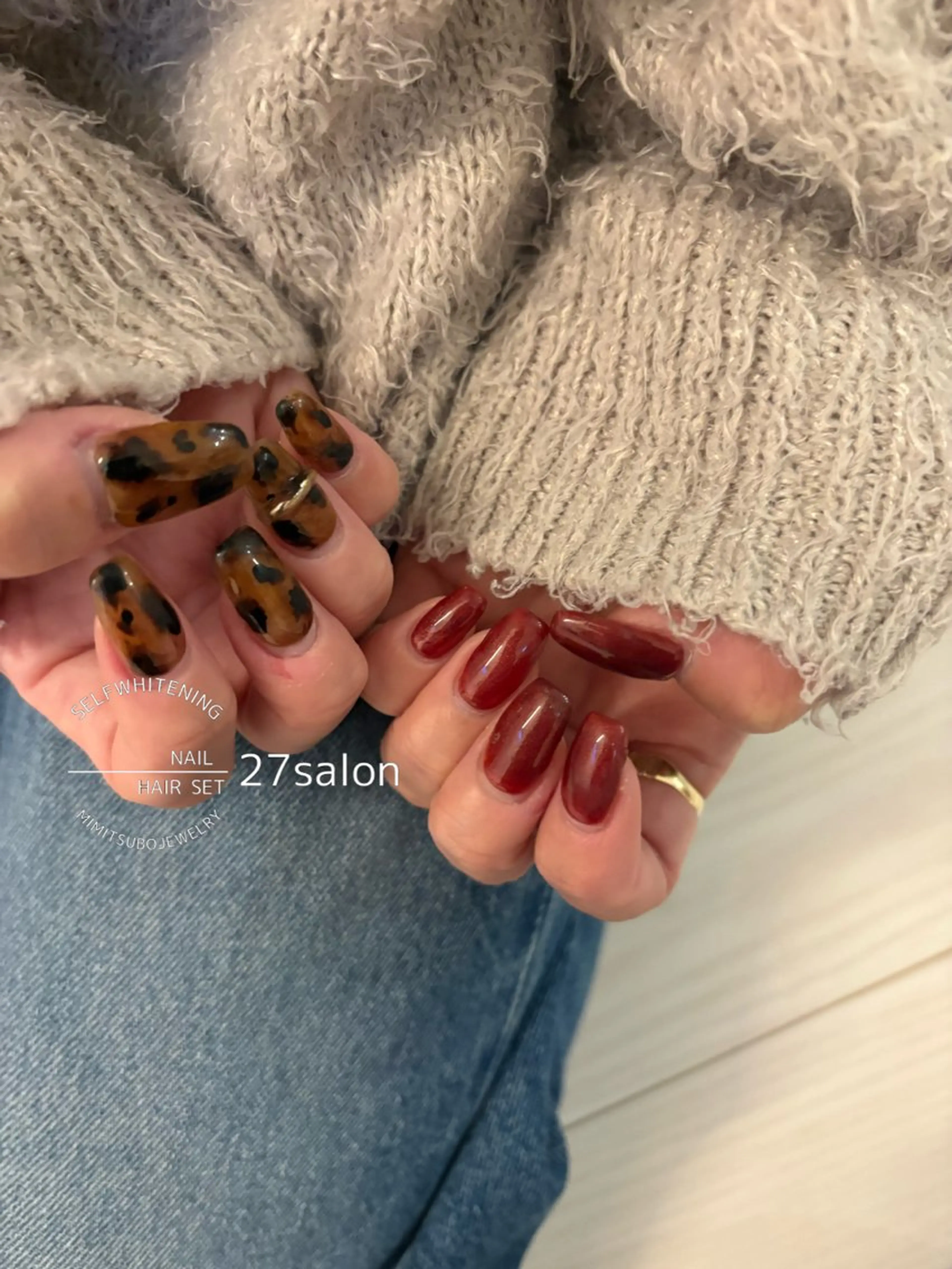 ネイル アニマル柄 べっ甲ネイル ボルドー マグネットネイル ハンドネイル 27salon yuinaのネイルデザイン