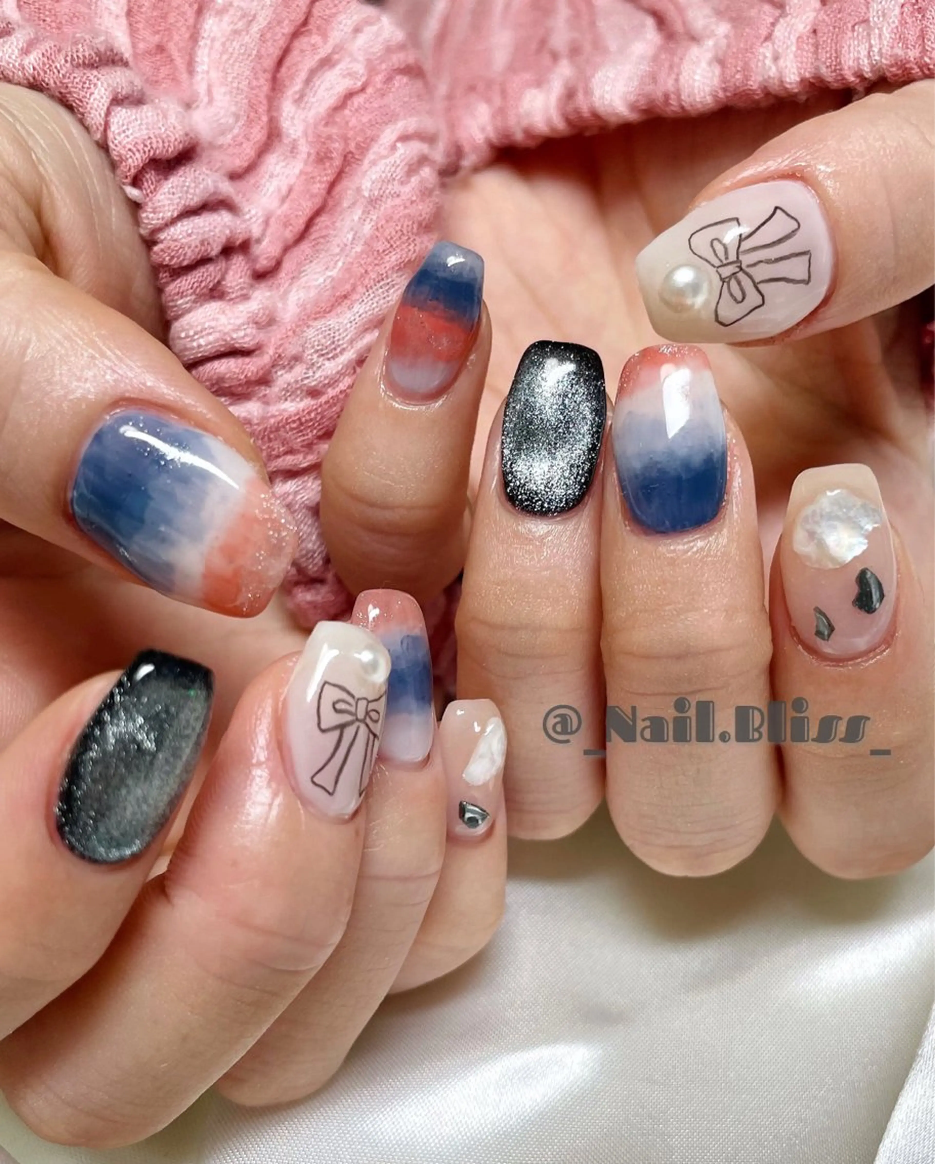 ネイル マグネットネイル 持ち込み リボン ハンドネイル NAIL BLISSのネイルデザイン