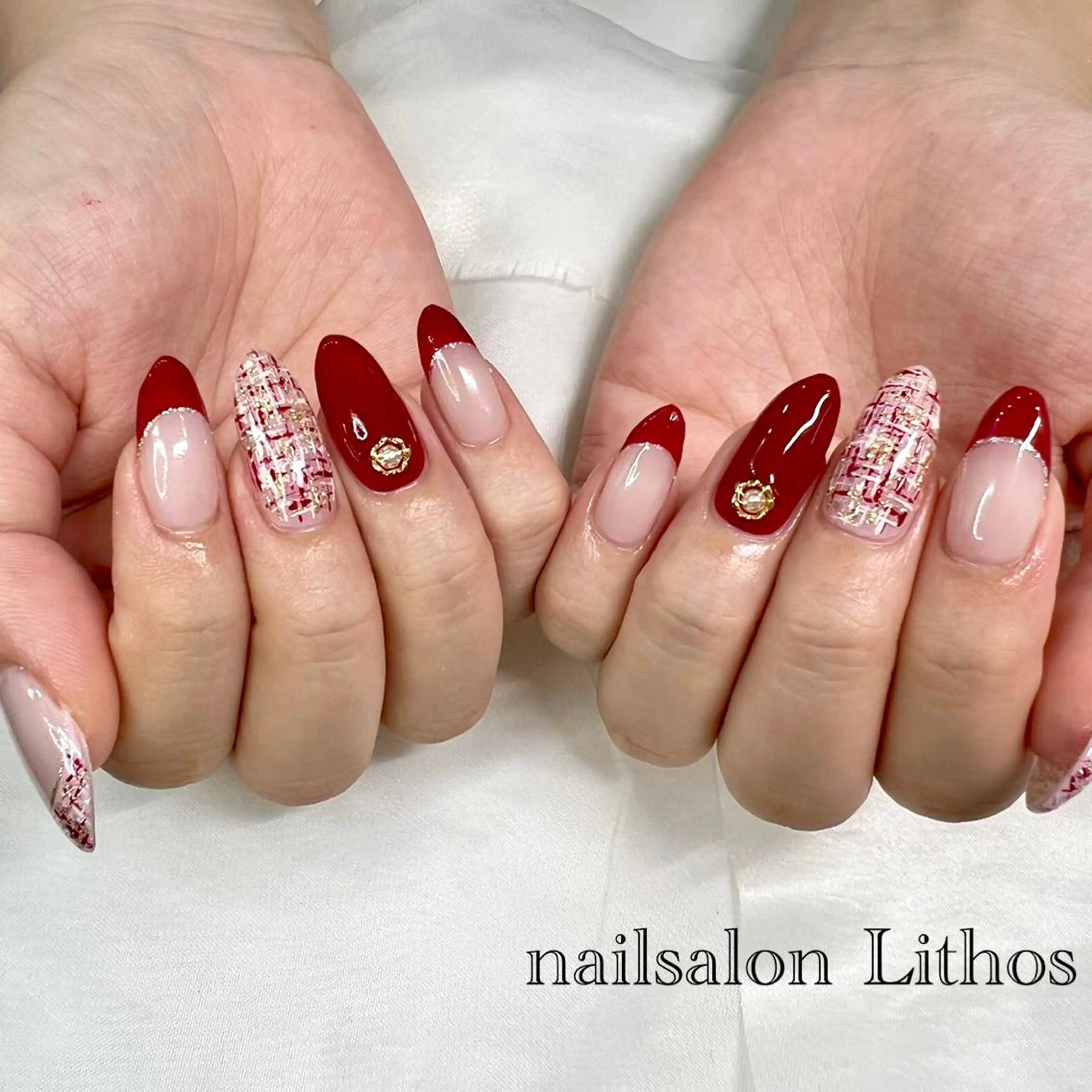 ネイル 赤色 ツイードネイル ハンドネイル nailsalon Lithos所属・nailsalon Recontreのネイルデザイン