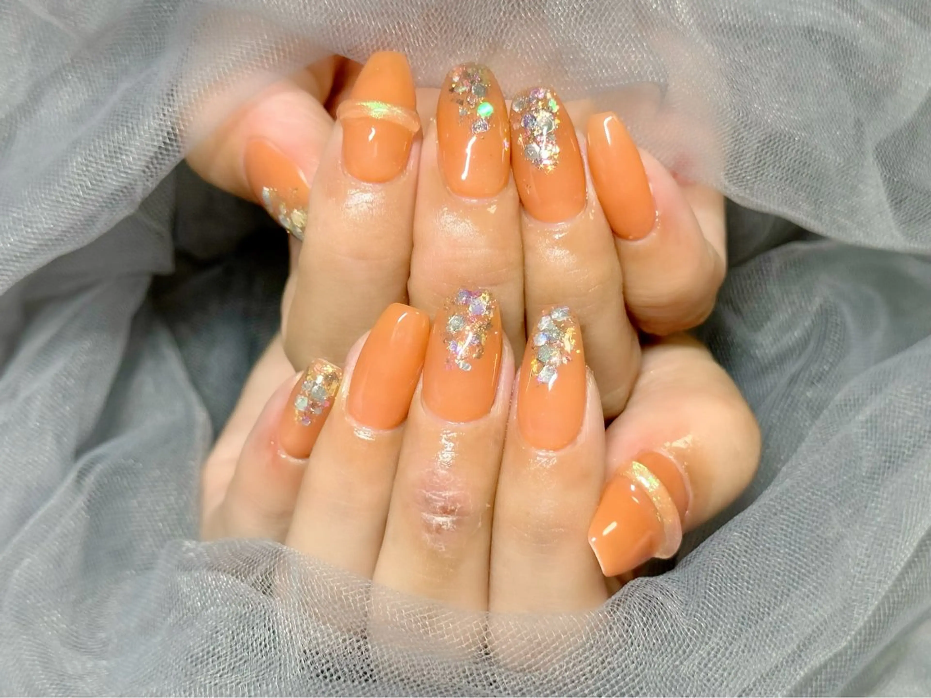 ネイル オーロラネイル フラッシュネイル ジェルネイル オレンジ ハンドネイル KURELLY所属・Nail Salon KURELLYのネイルデザイン