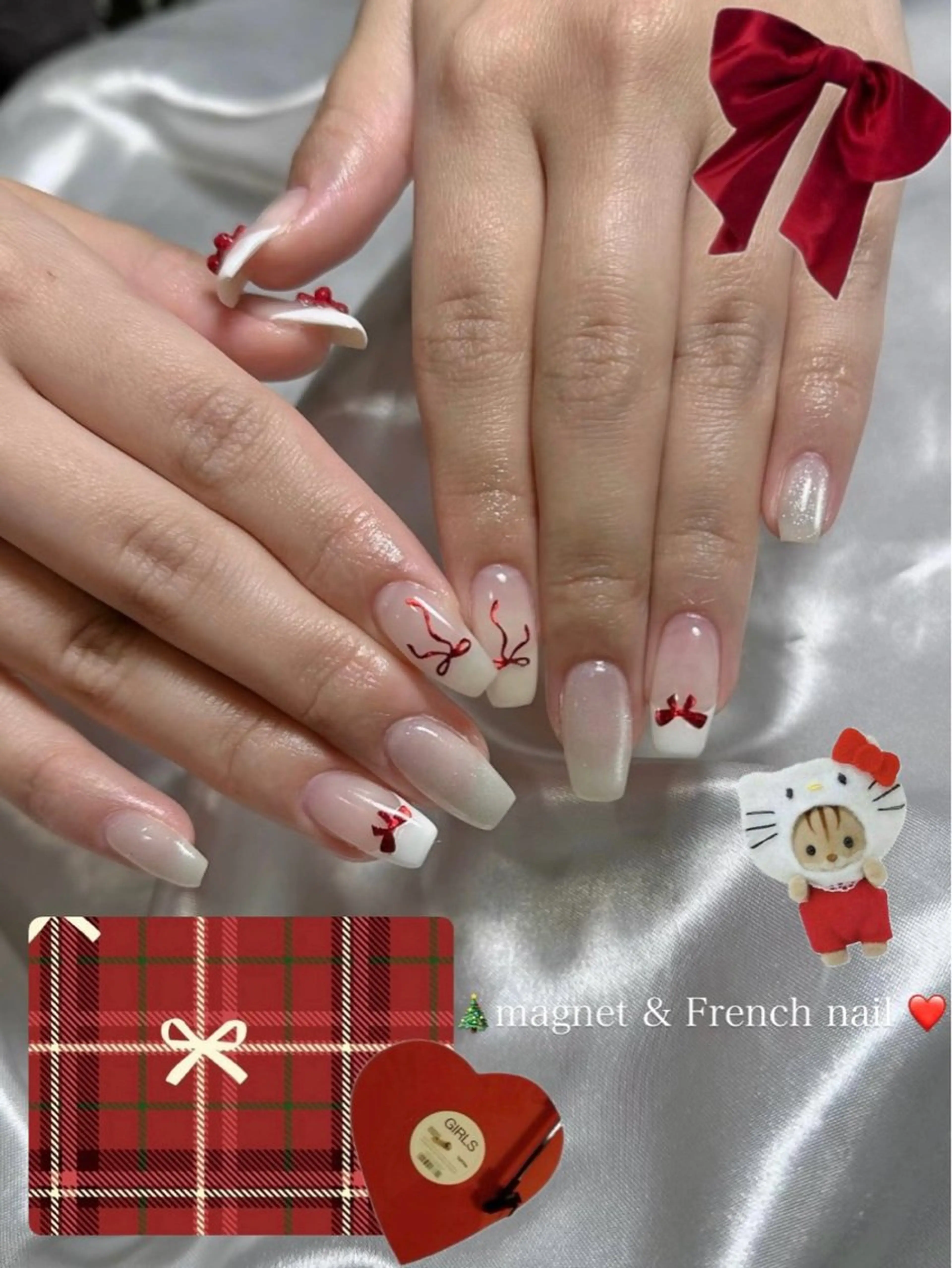 ネイル マグネットネイル 赤色 tsuki🎀ワンホ ン🍒ガーリー🪄のネイルデザイン
