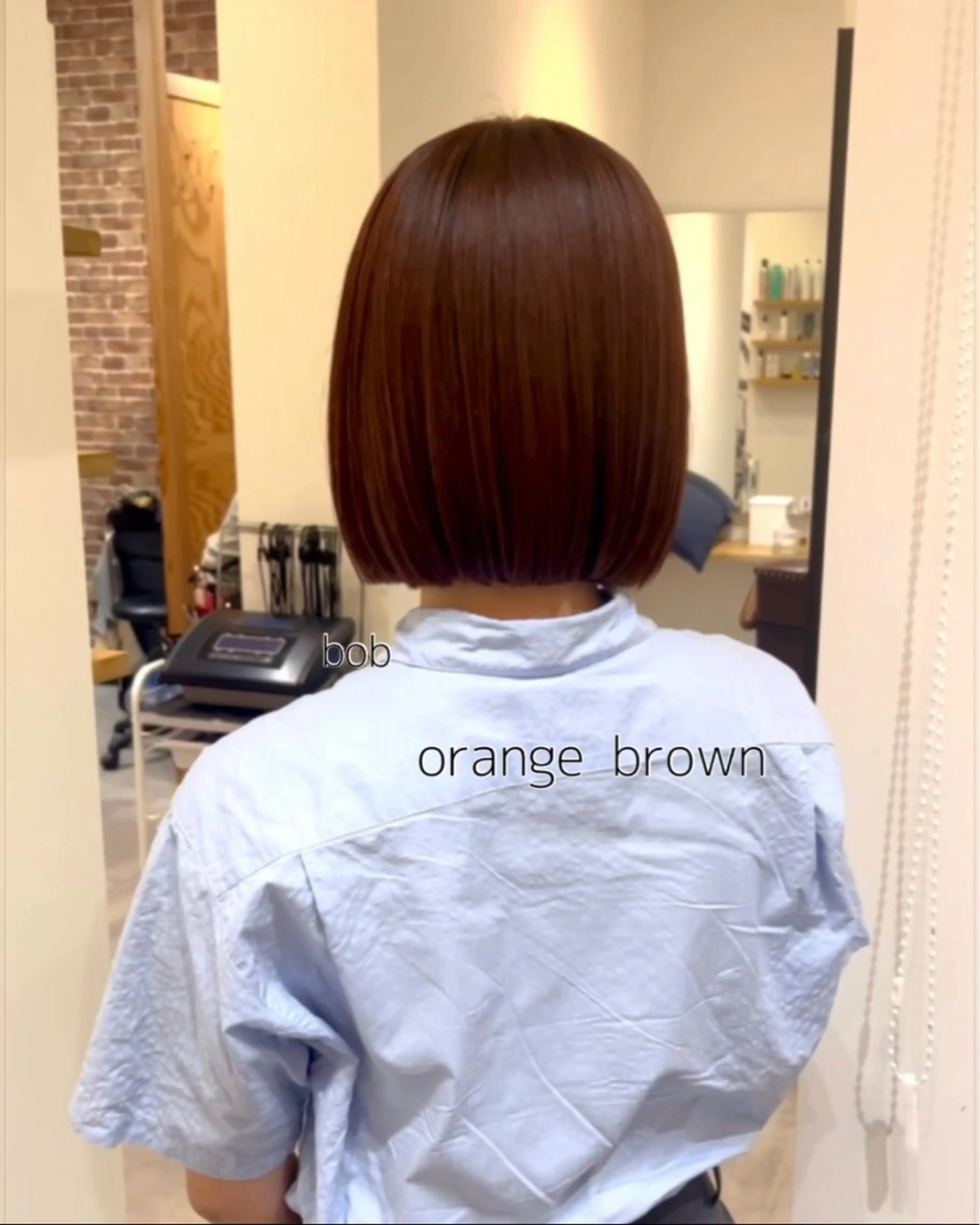 ショート カラー 切りっぱなしボブ ブラウンカラー オレンジ オレンジブラウン ボブ カット ヘアカラー トリートメント しおり/パーマ/ newi町田のヘアスタイル